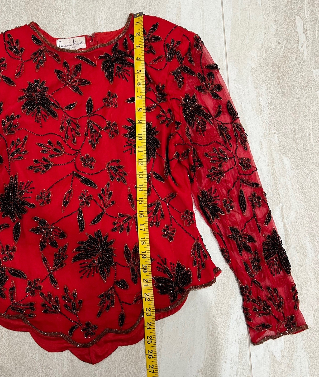 Vintage Laurence Kazar Beaded Top Red Floral Pure Silk Sz L EUC