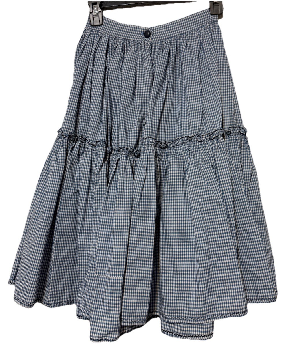 Vintage 70s Hand Crafted Blue Gingham Cotton Tiered Midi Boho Skirt 22” W, 25” L