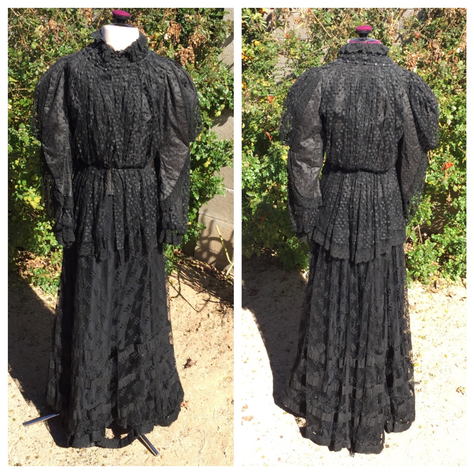 Edwardian 3-Pc Dress Black Lace Beads Boned Shirtwaist Bodice Skirt Top Antique