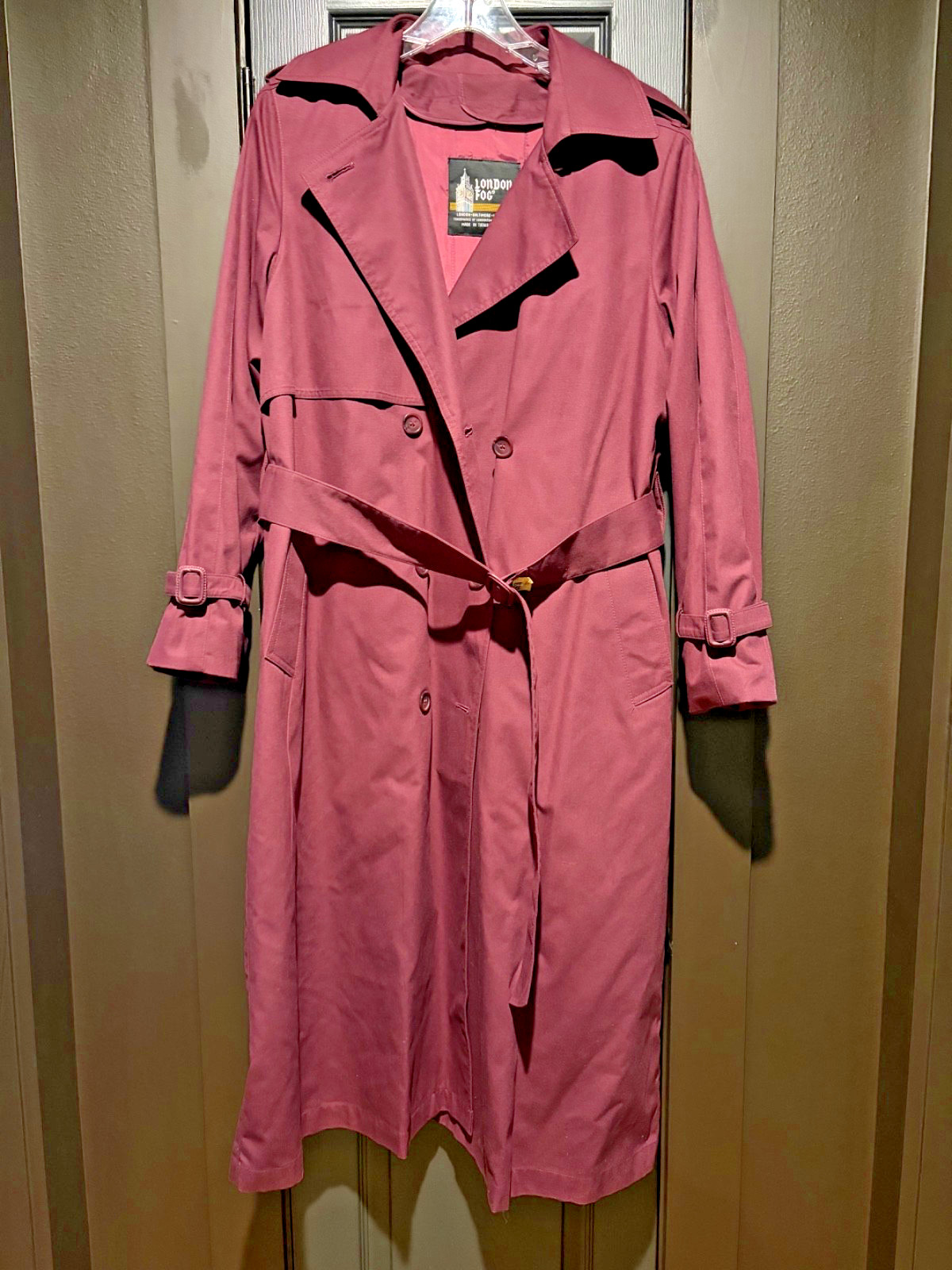 Vintage 80s London Fog Trench Coat Burgundy Plum Belted Double Breasted Sz 8 Reg
