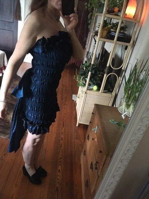 True Vintage 1980s L A Glo Shimmery Midnight Blue Stretch Tube Dress w/Big Bow