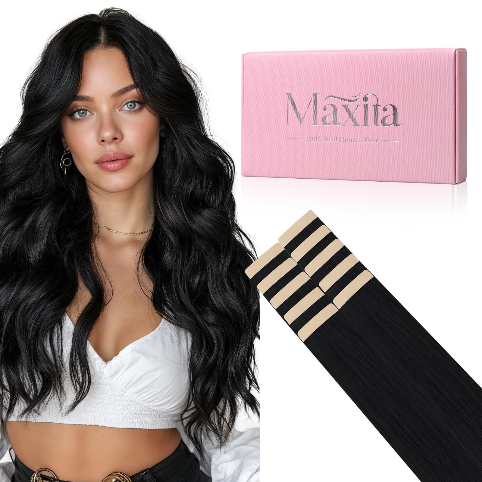 MAXITA 22″ Jet Black Remy Human Tape-in Hair Extensions 10pcs 30g