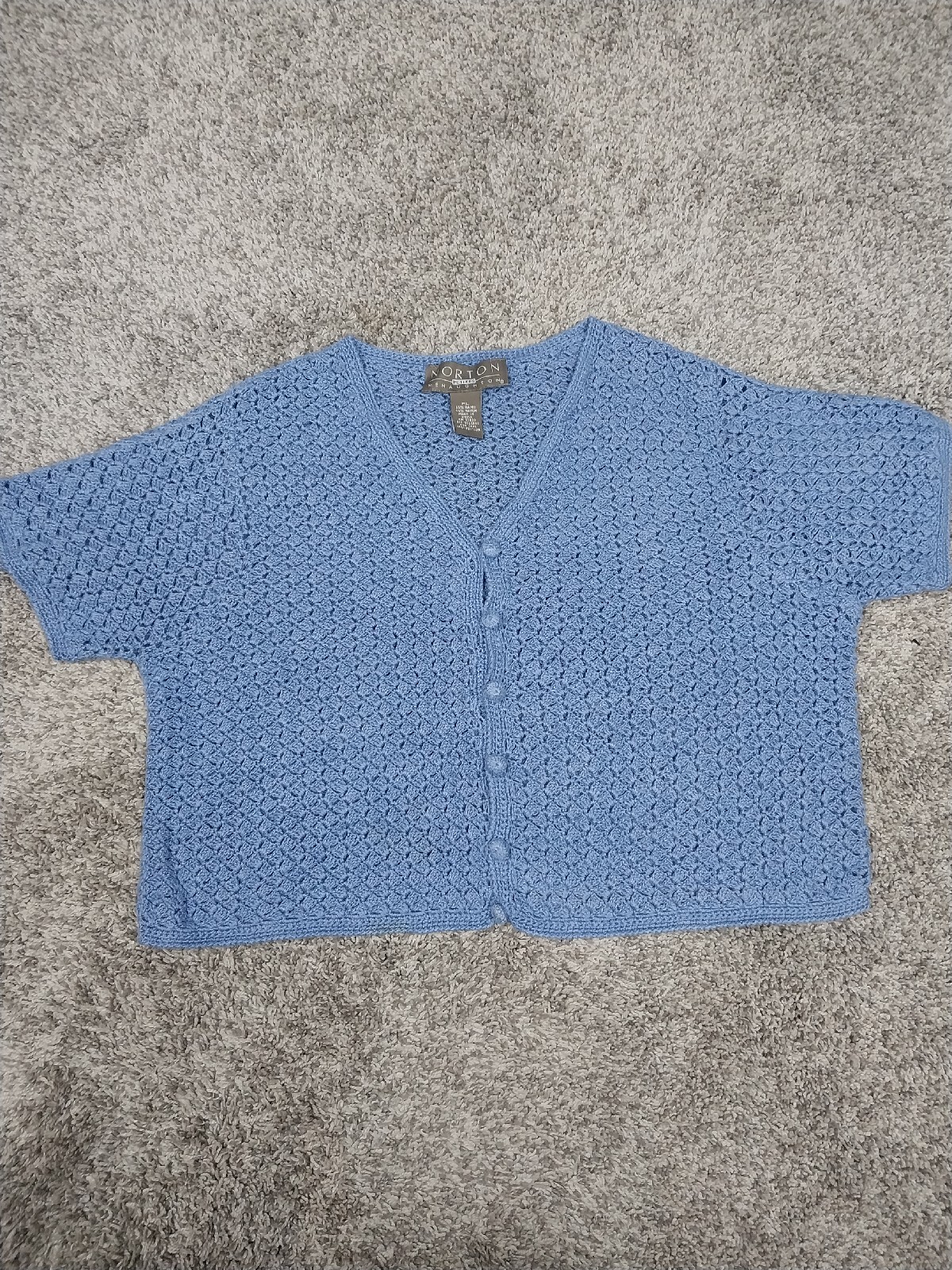 Vintage Norton McNaughton Womens Size PL Cardigan Sweater Blue Crochet Knit