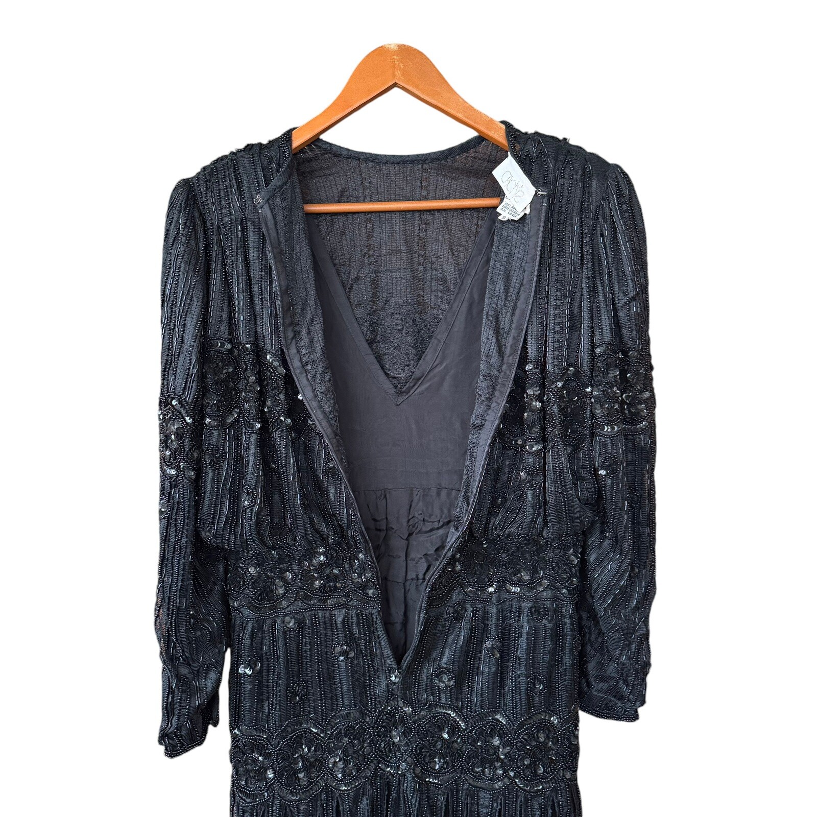 Vtg 80s Judith Ann Creations Cache Flapper Style Full Beaded Dress Black Small