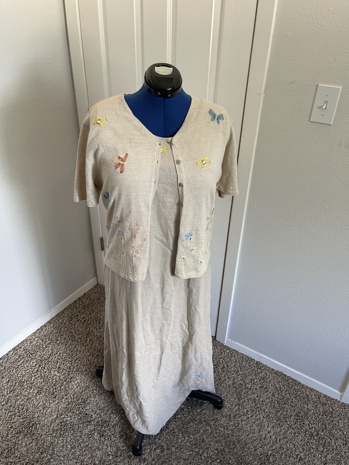 1990s/2000s Christopher and Banks Cardigan and Dress Embroidered Flowers, Bugs