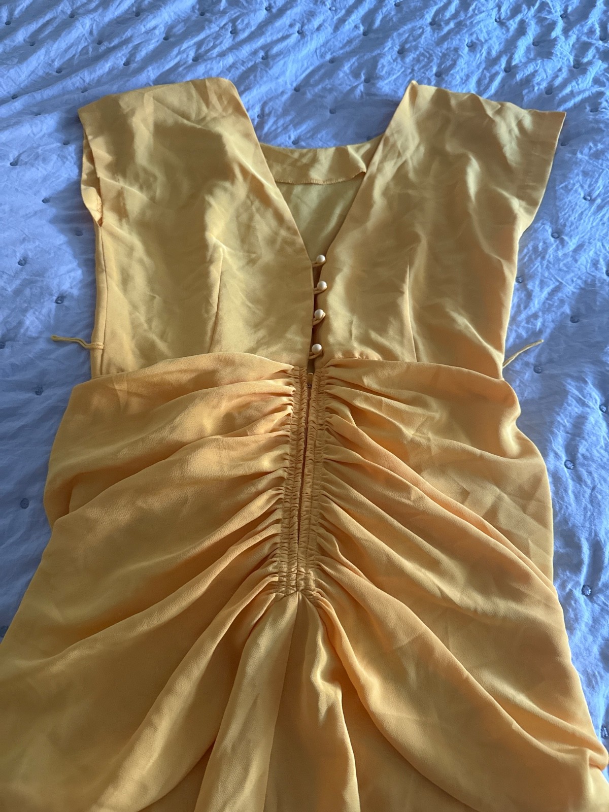 VTG 1980’S RETRO JONI BLAIR YELLOW SHOULDER PADS RAYON MIDI DRESS 8 Medium