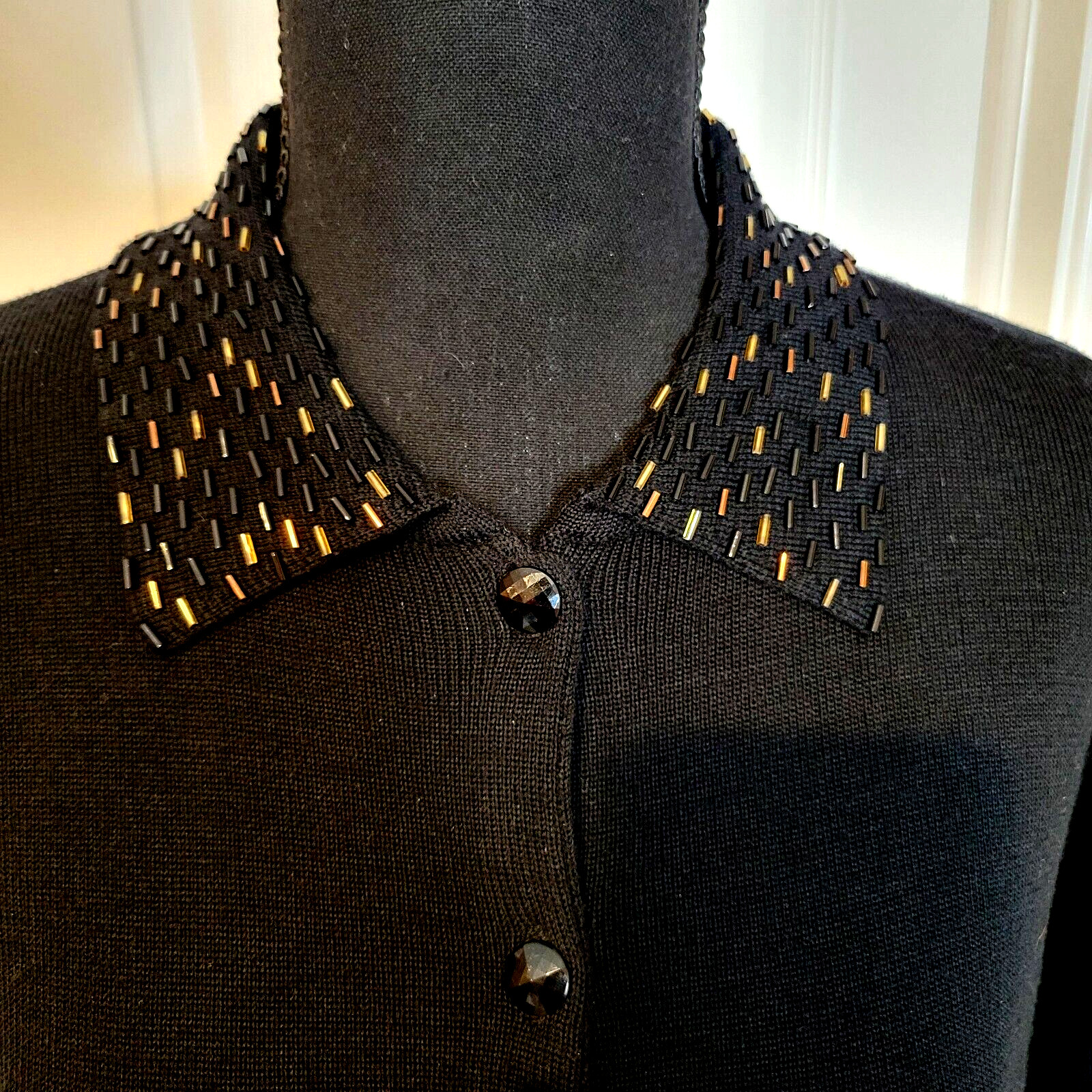 Vintage MCM Pendleton Classic Wool / Acrylic Black Sweater w Beaded Collar S-M
