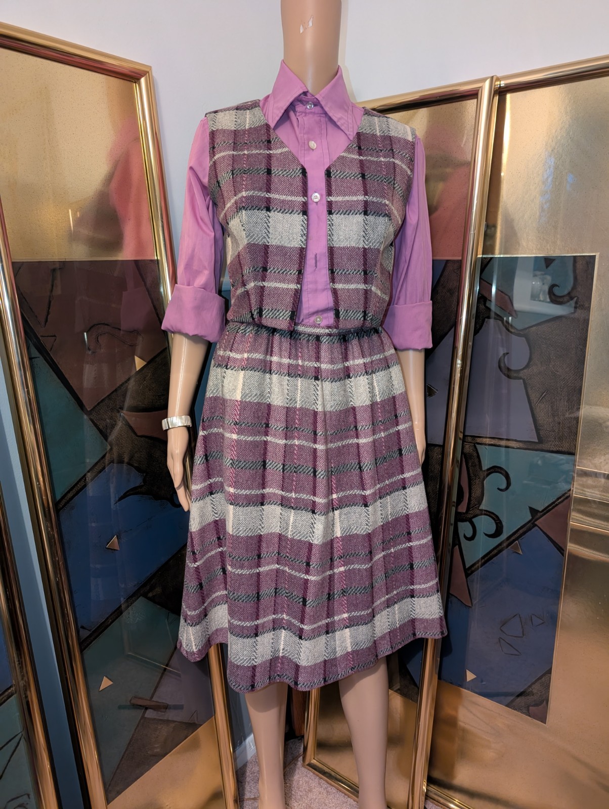 Vintage 1970s Purple Plaid Dress And Vest with Collared Shirt Set Of Three