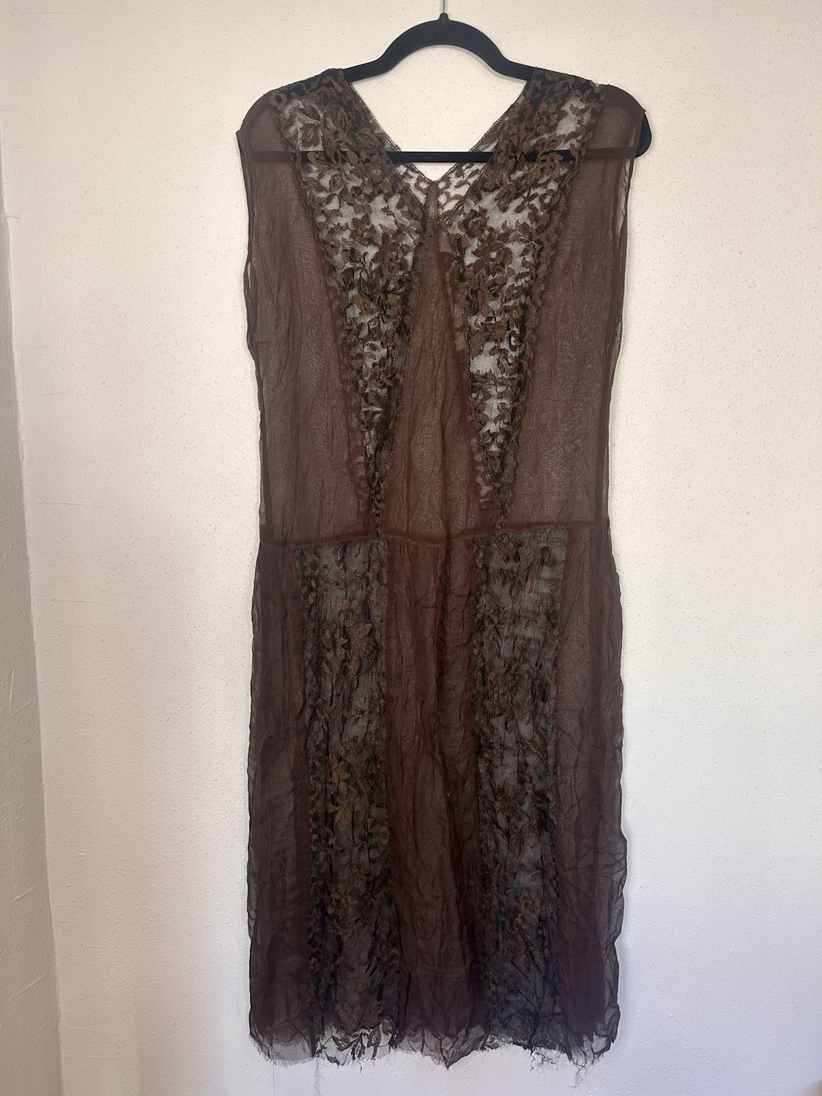 Antique 1920’S Chocolate Brown Silk And Lace Cross Seams Flapper Dress Gorgeous