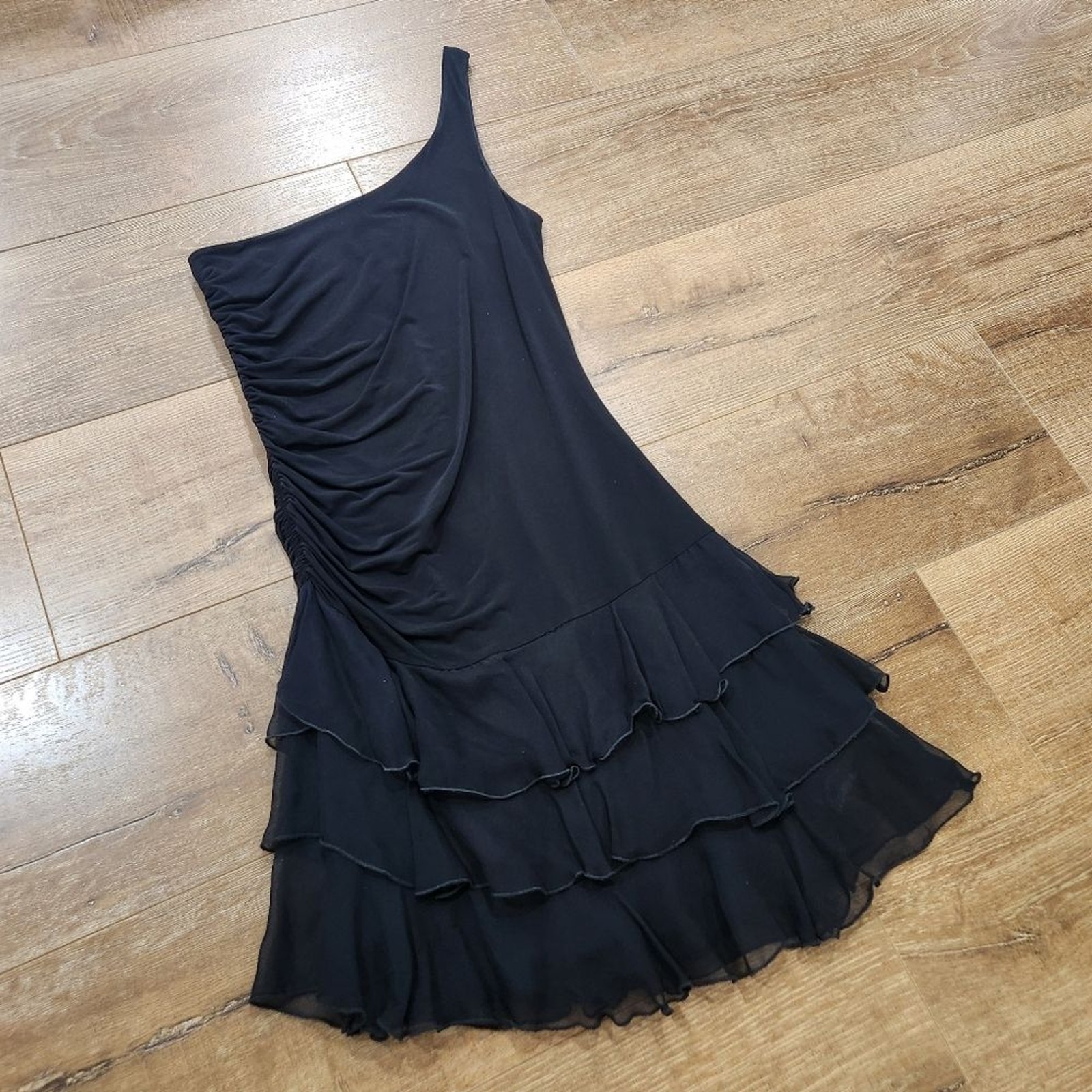 Vtg Y2K Bebe One Shoulder Ruched Tiered Fairy Black Mini Dress Med whimsygoth