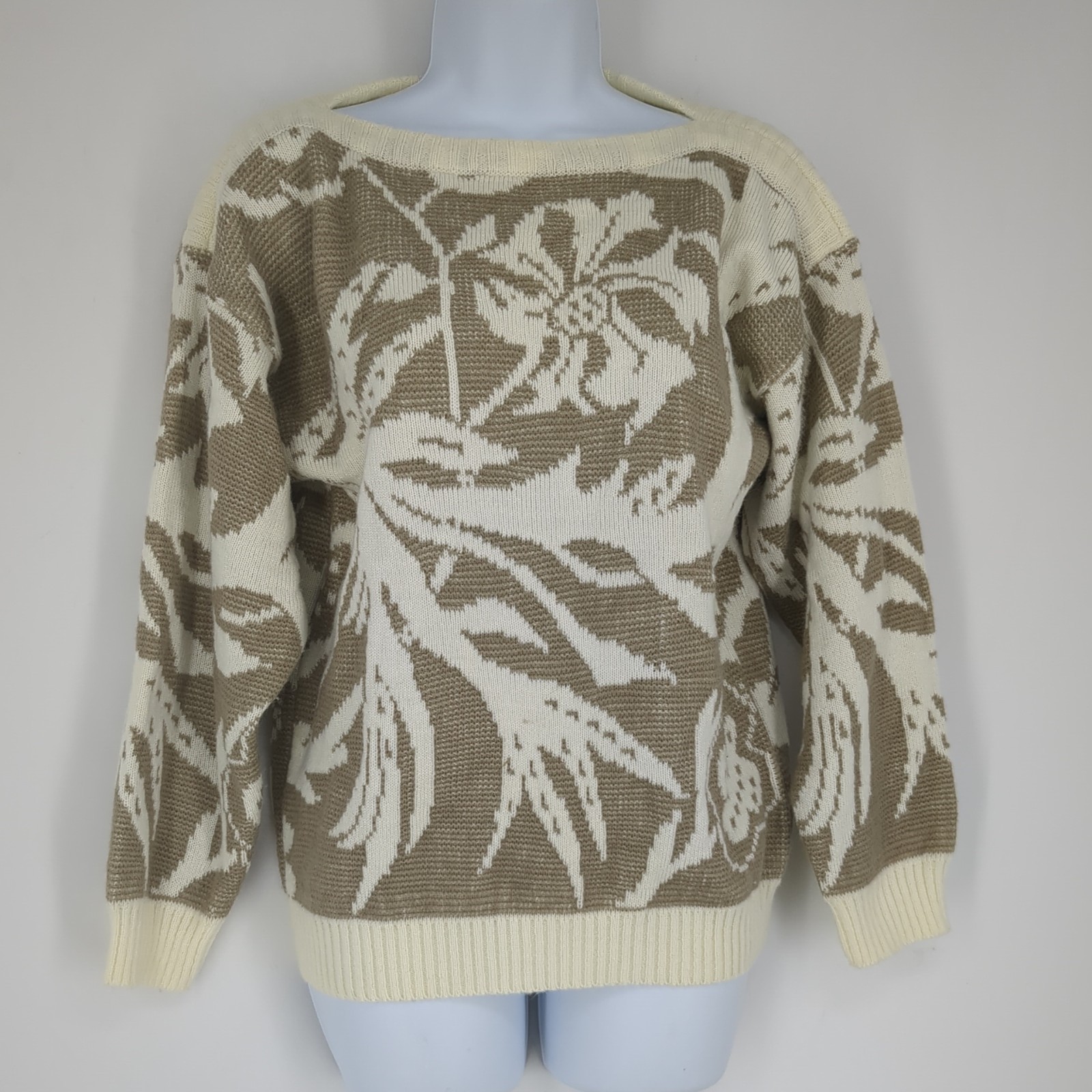 Vintage 80s Albee Sweater Acrylic Nylon Blend Gray White Floral Size Small