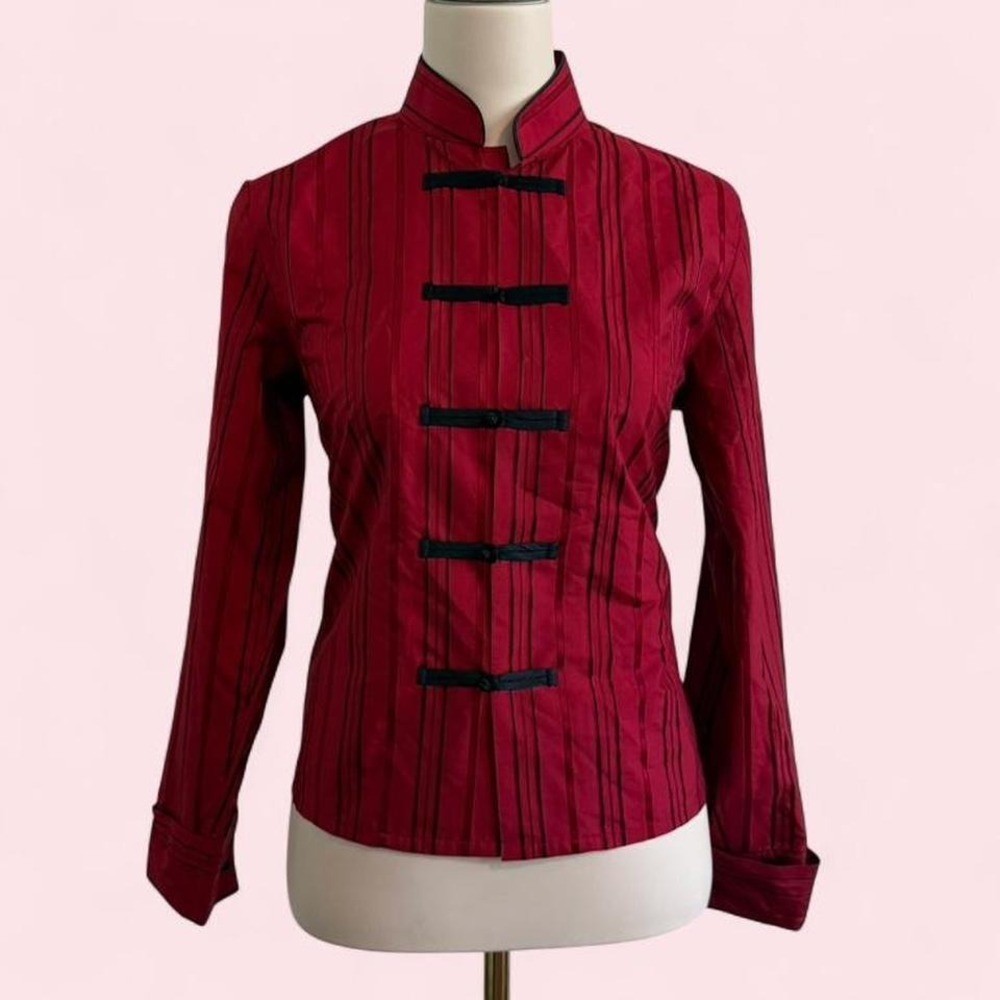 Y2K Vintage Design Lab 100% Silk Red Pinstripe Blouse with Frog Closures Size S