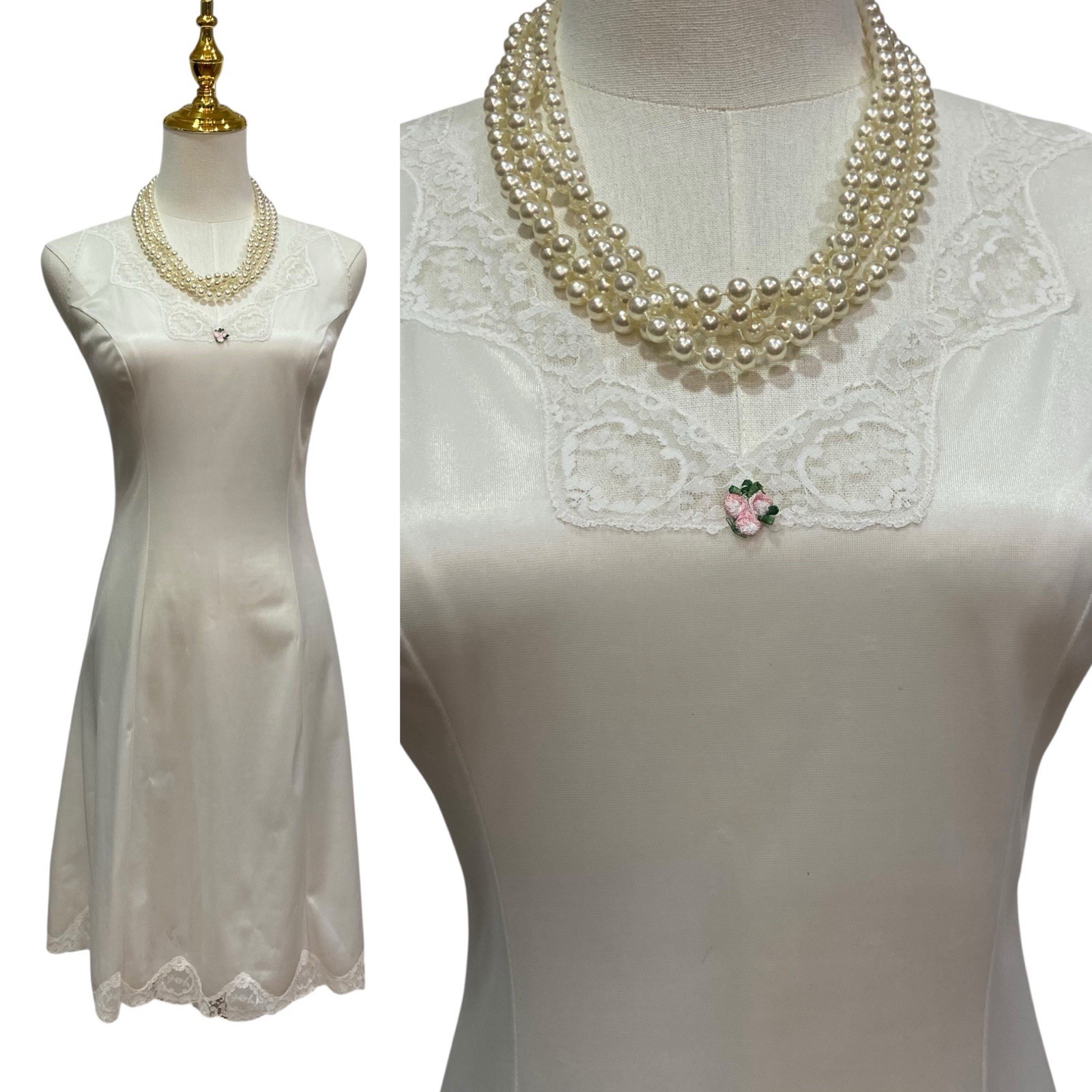 Vintage 60s Classic White Nylon Lacy Wide Strap Full Slip Dress Women’s Size M