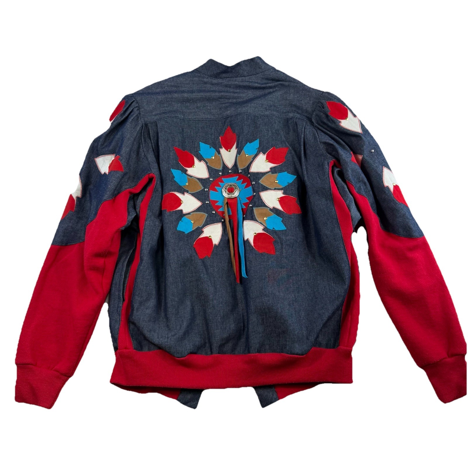Vtg L Large Sweatshirt Jean Jacket Southwest Embroidered Handmade Denim Native