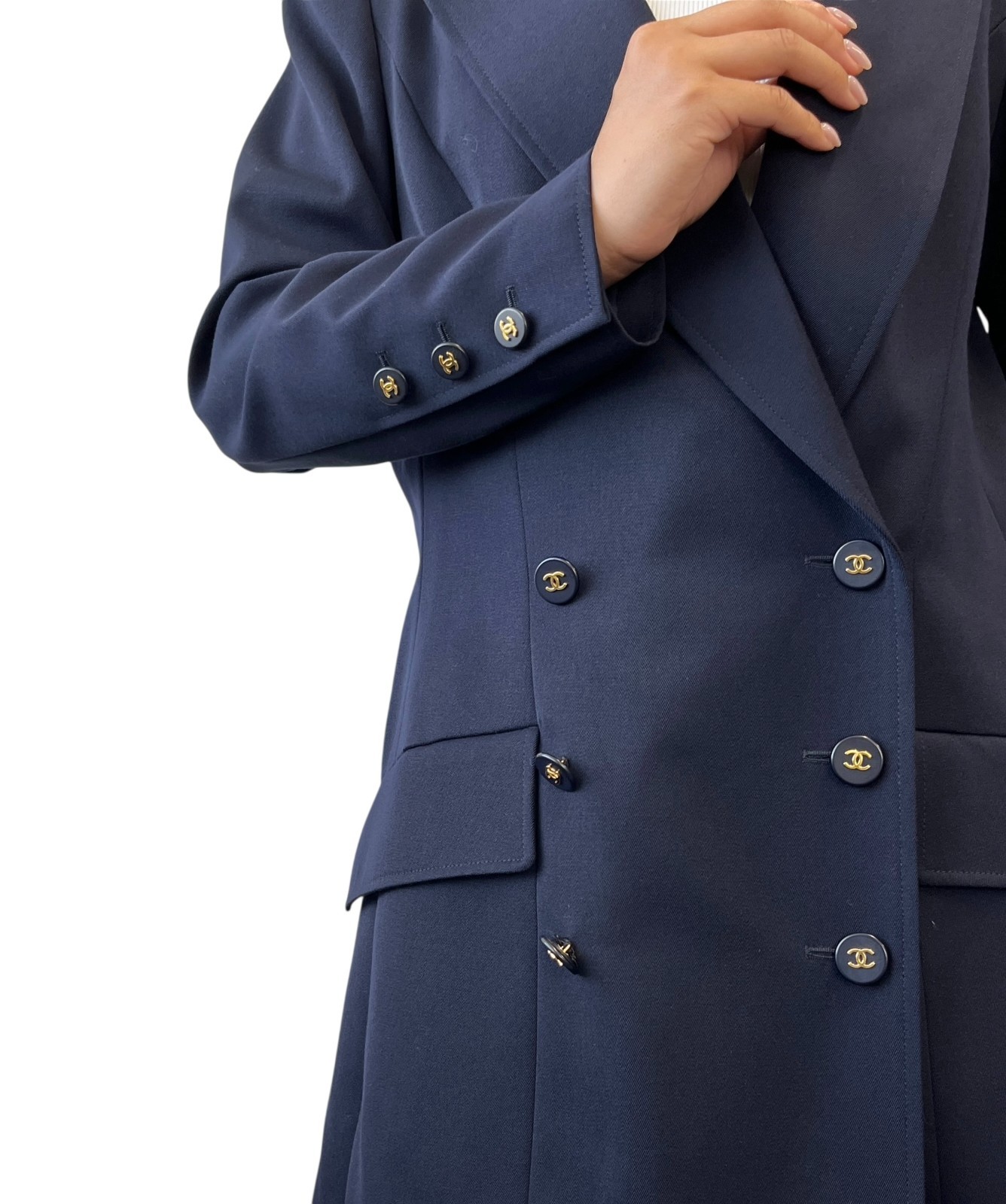 CHANEL Vintage 97P CC Logo Button Blazer Jacket #42 Dark Blue Gold Wool Pocket