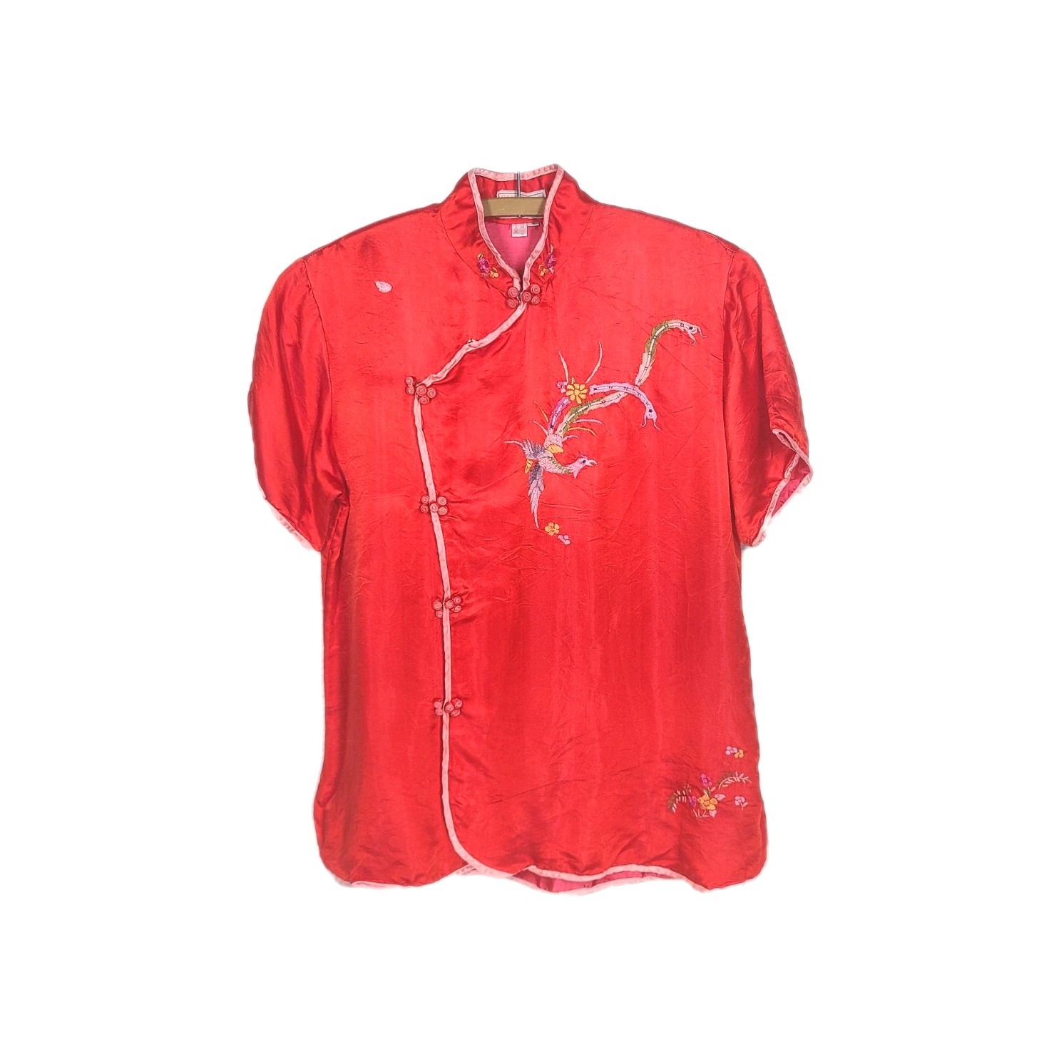 Vintage Red 100% Silk Shirt Chinese Hand Embroidered Dragon Pink Trim Snap Front