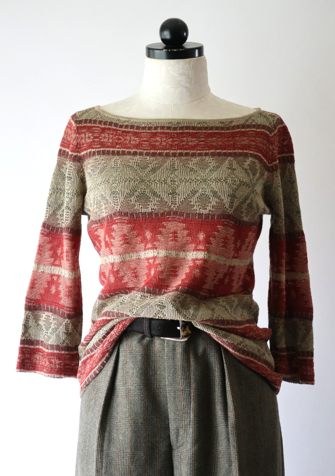 Y2K Vintage Autumn Brown Red Linen Americana Striped Southwest Sweater Women S