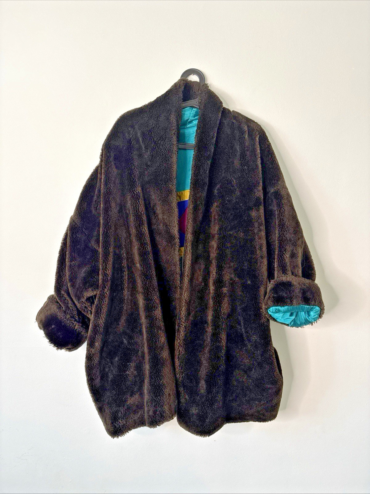 VNTG Ann Tjian + Kenar Reversible Faux Fur & Geometric Satin Coat sz M