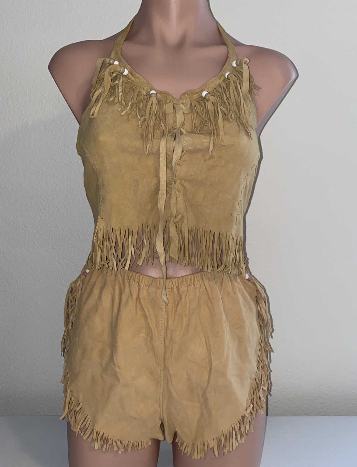 Vtg 1970s Great Scott Of Laguna Beach Leather Buckskin Fringe Shorts Halter Top