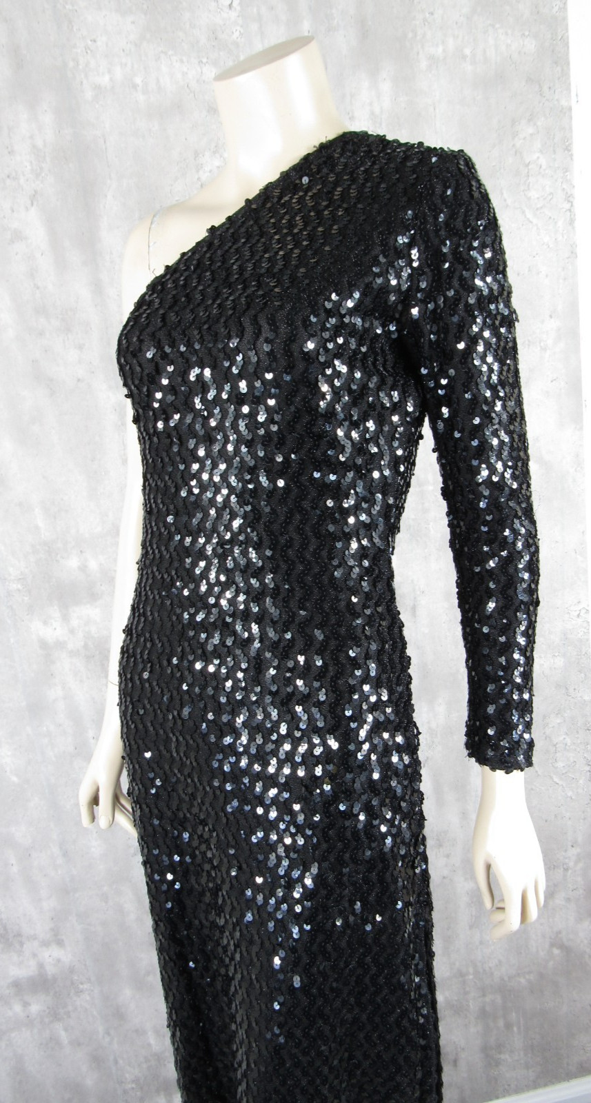 Vintage 80s David Howard Karen Okada One Shoulder Black Sequin Disco Dress S/M
