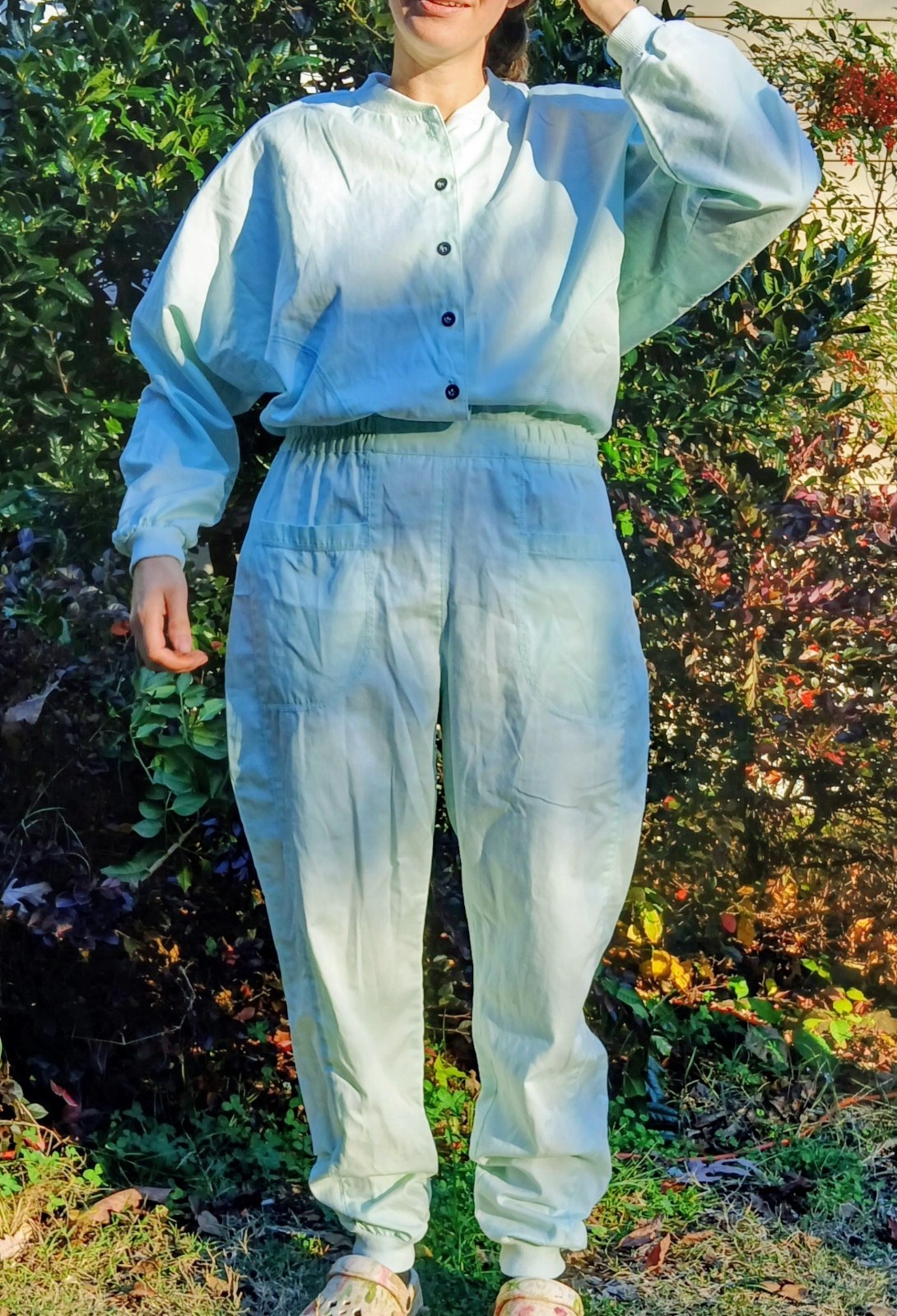 Vtg 80s Mint Jumpsuit – Sz M – Thick Cotton, Removable Shoulder Pads – Pockets