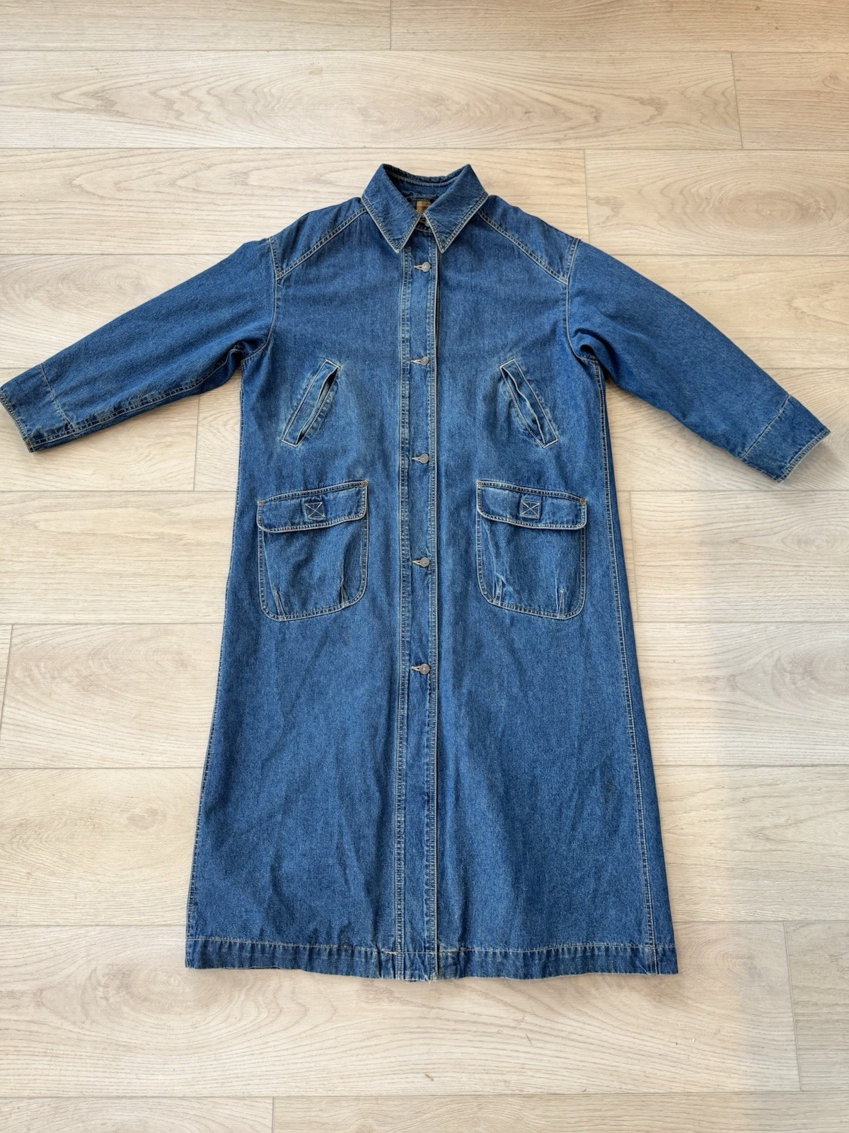 VTG 90s Denim Duster Trench Coat Barn Chore Jacket Liz Claiborne Jeans Sz M