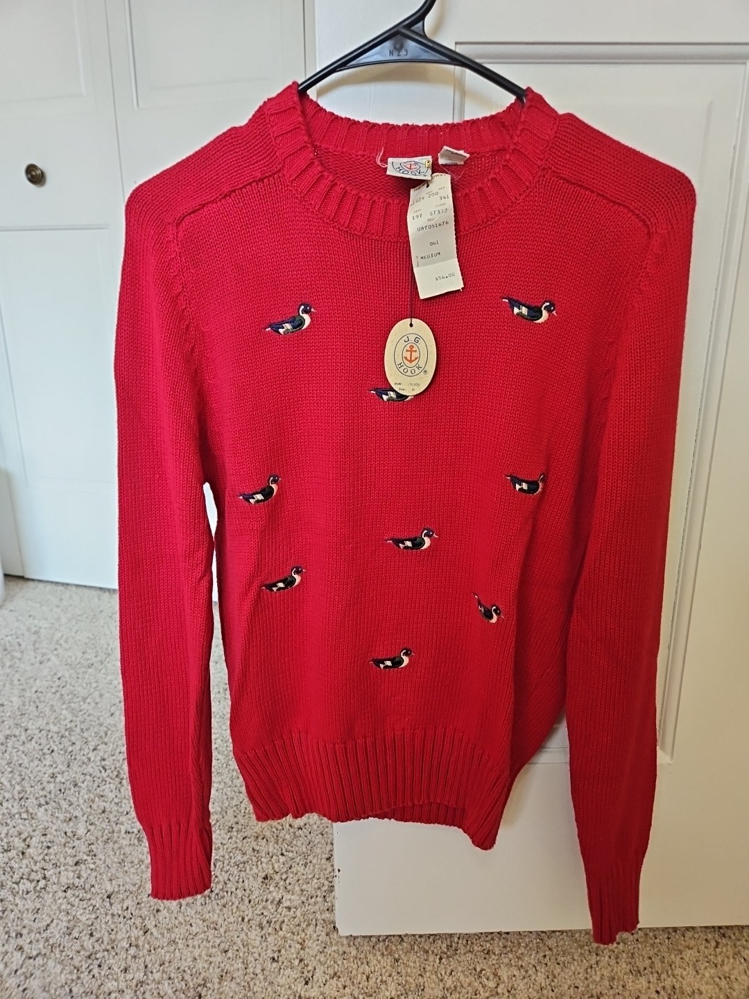 Vtg RARE New W/ Tags 80’s J.G. Hook Women’s Red Sweater Embroidered Ducks Medium