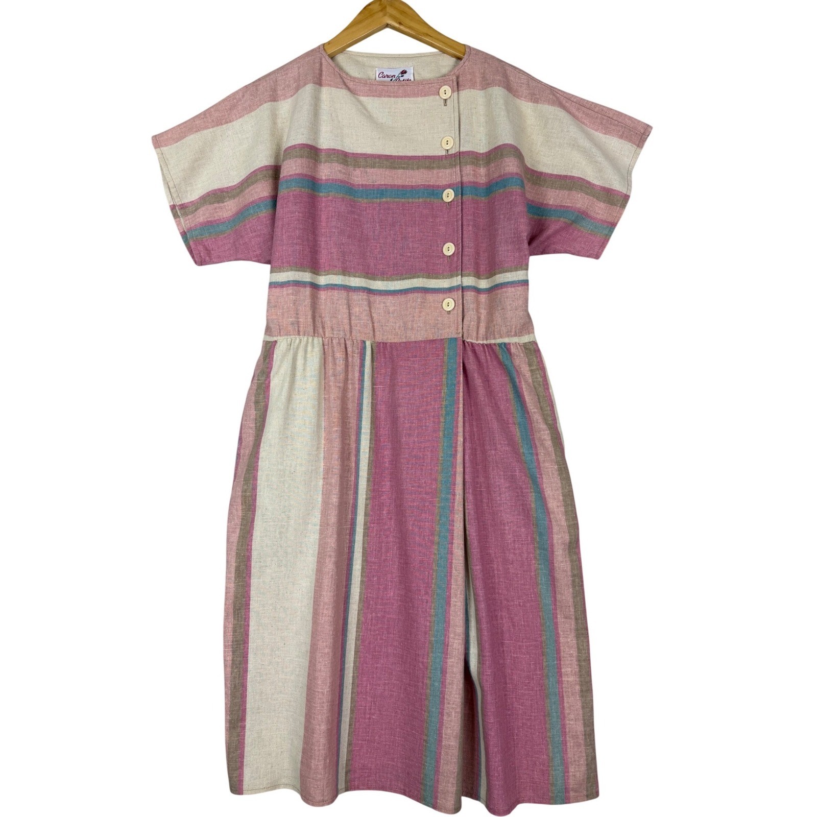 Caron Petite Chicago Vintage Striped Midi Dress Pink Linen Cotton Blend Pockets