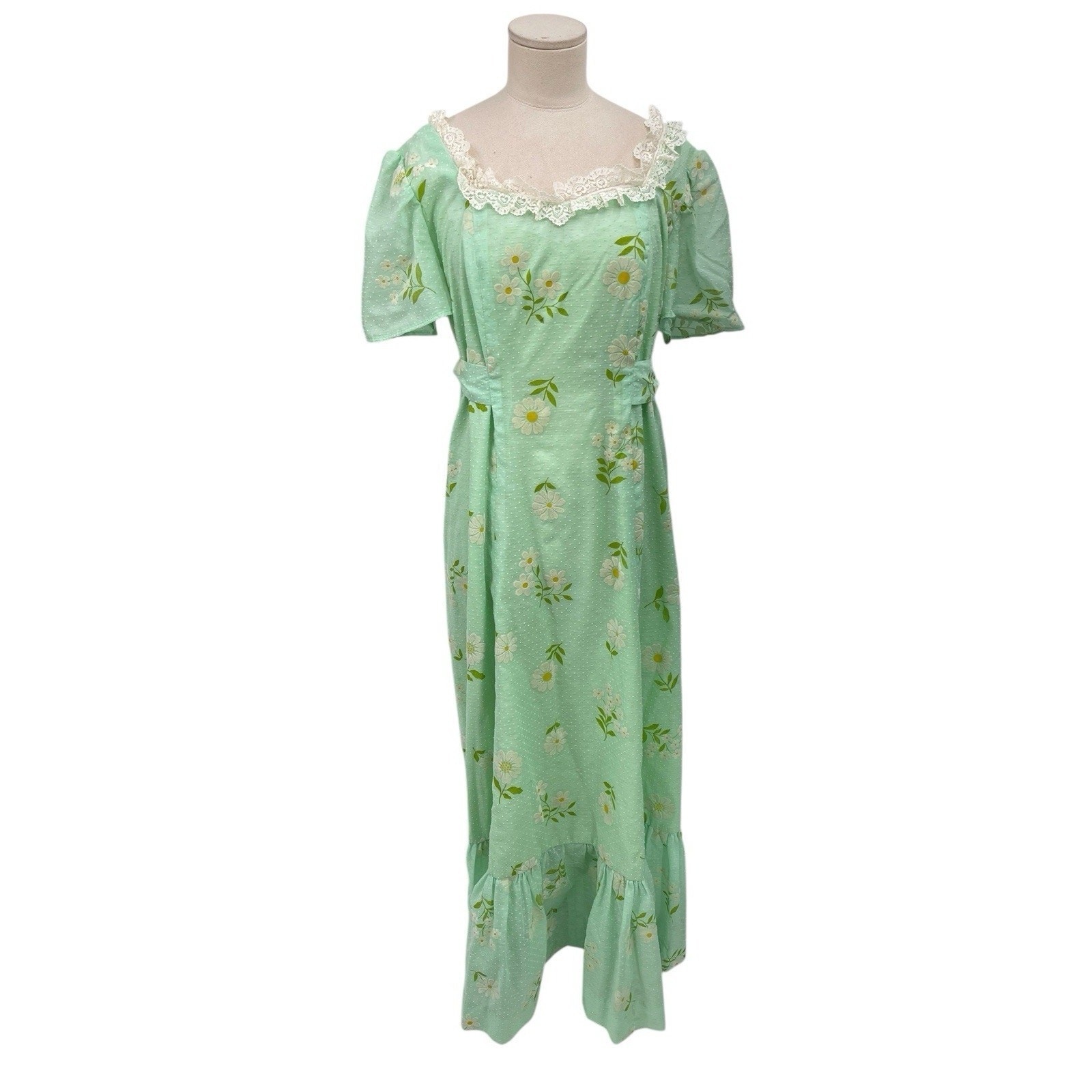 Vintage Flocked Daisy Floral Dress Maxi Swiss Dot Lace Trim Green White Medium