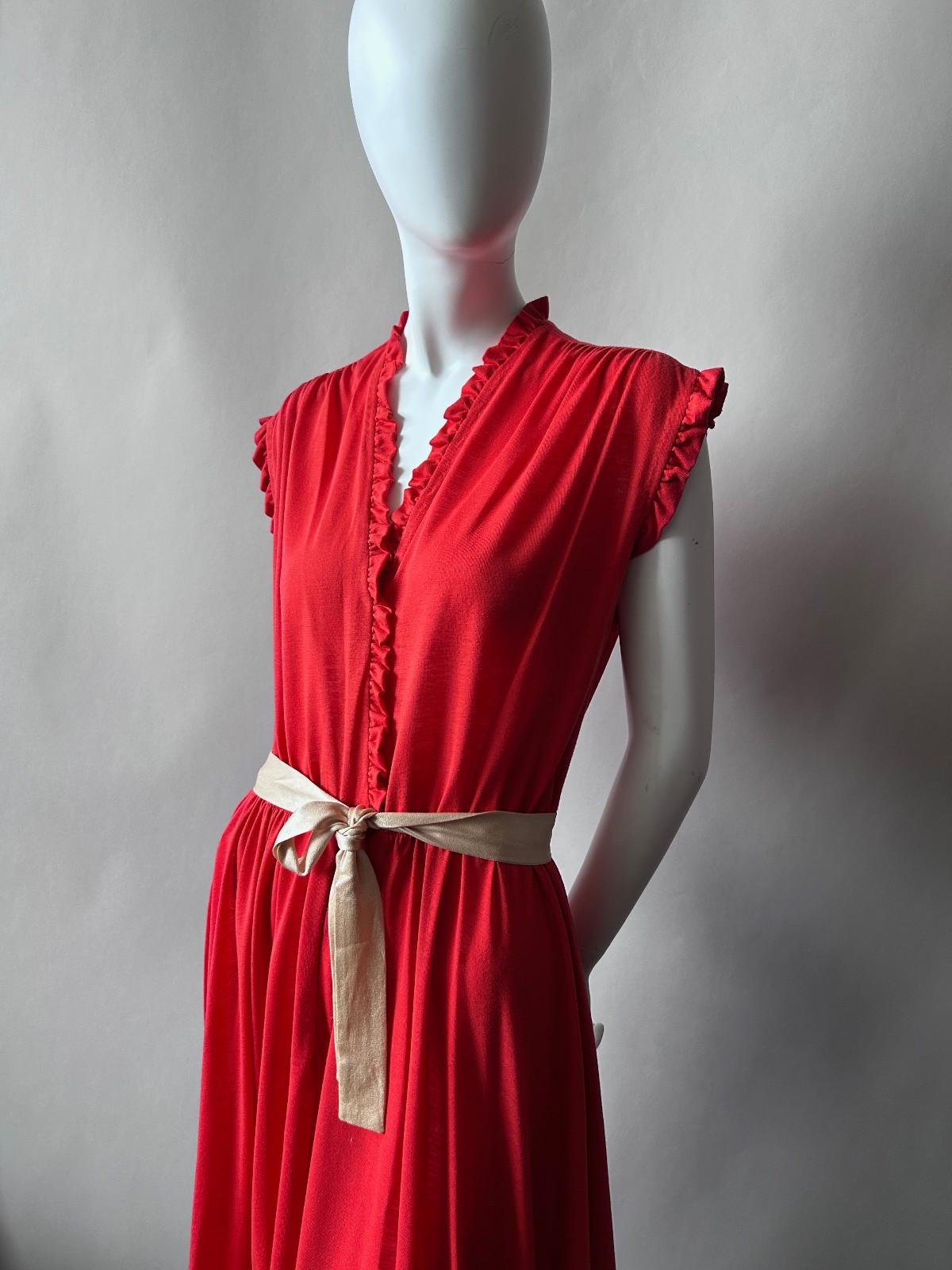 Vintage Albert Capraro Red Jersey Summer Sun Dress Ruffle Trim Sleeveless sz 8