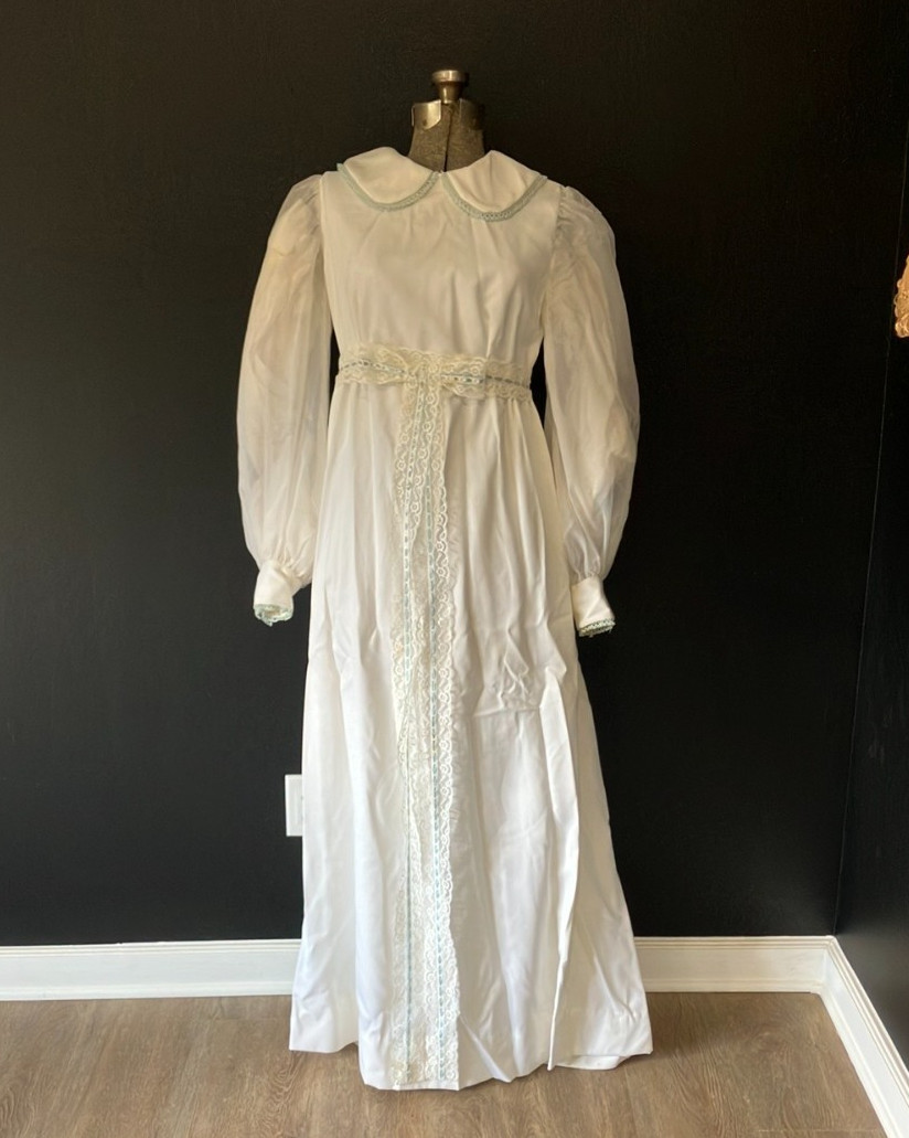 Vintage Handmade 1970s Edwardian Style Wedding Dress with Lace Bow