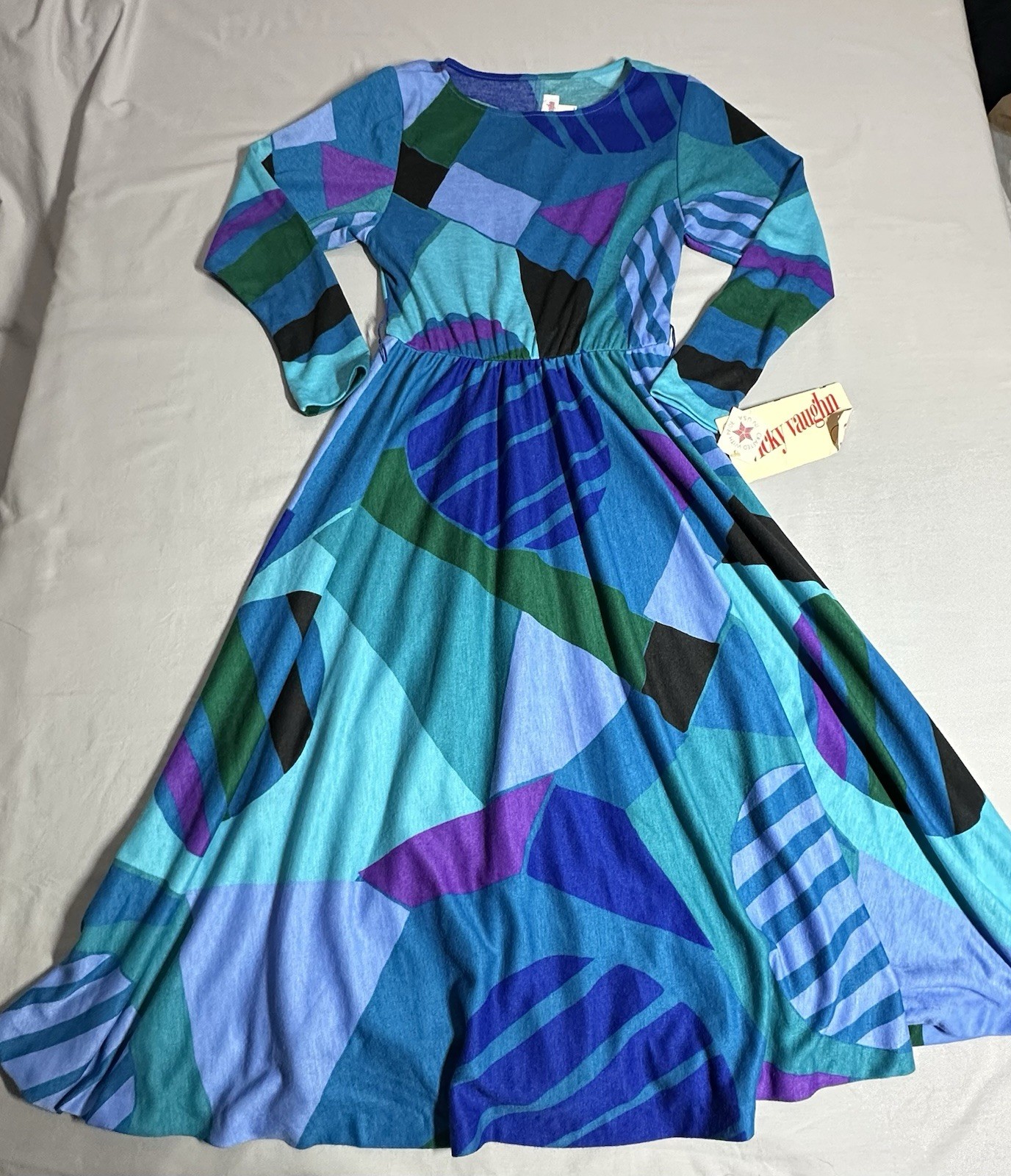 Vintage Vicky Vaughn Dress Womens US 9 USA Union Made Blue Purple Black NOS *