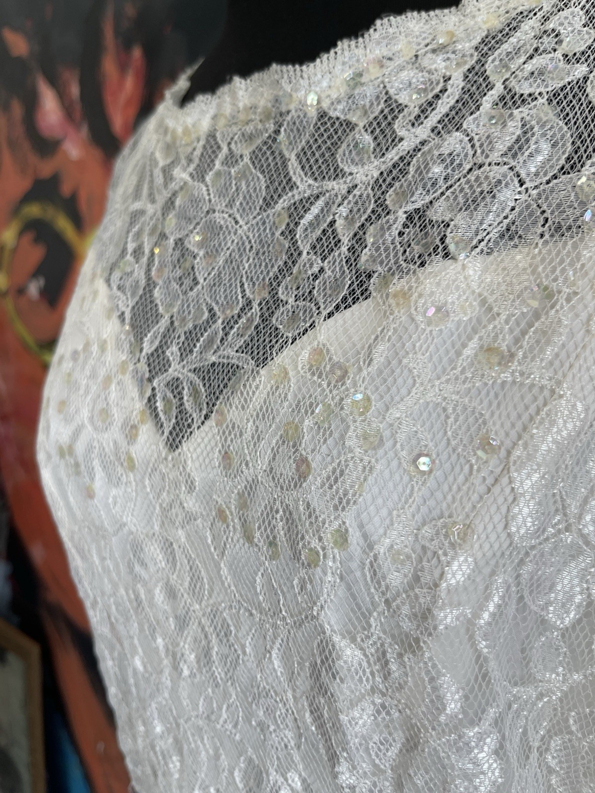 Vintage Victorian 80’s White Lace And Sequin Drop Waist Dress Asymmetrical Hem