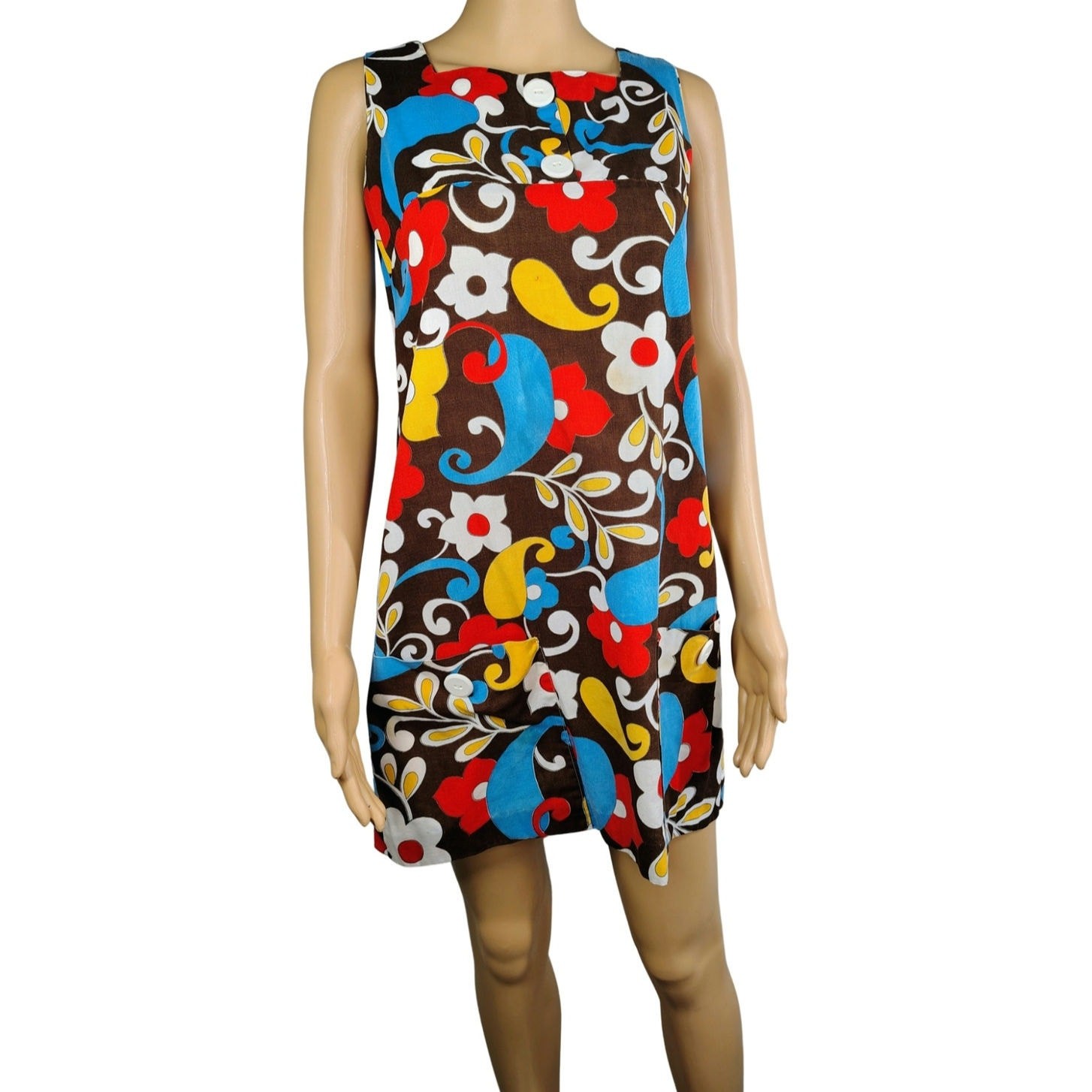 60s Mod Mini Bold Floral Paisley Pattern Brown Red Blue Shift Dress Size XS