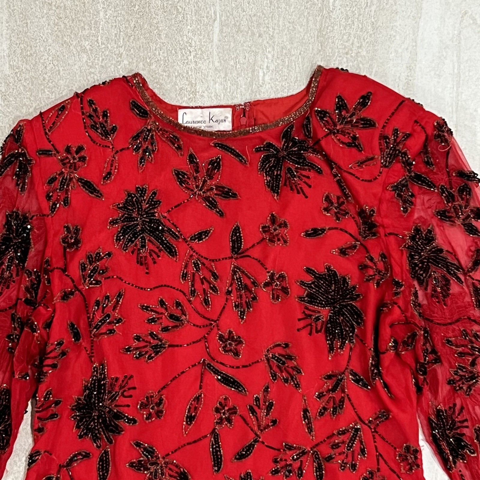 Vintage Laurence Kazar Beaded Top Red Floral Pure Silk Sz L EUC