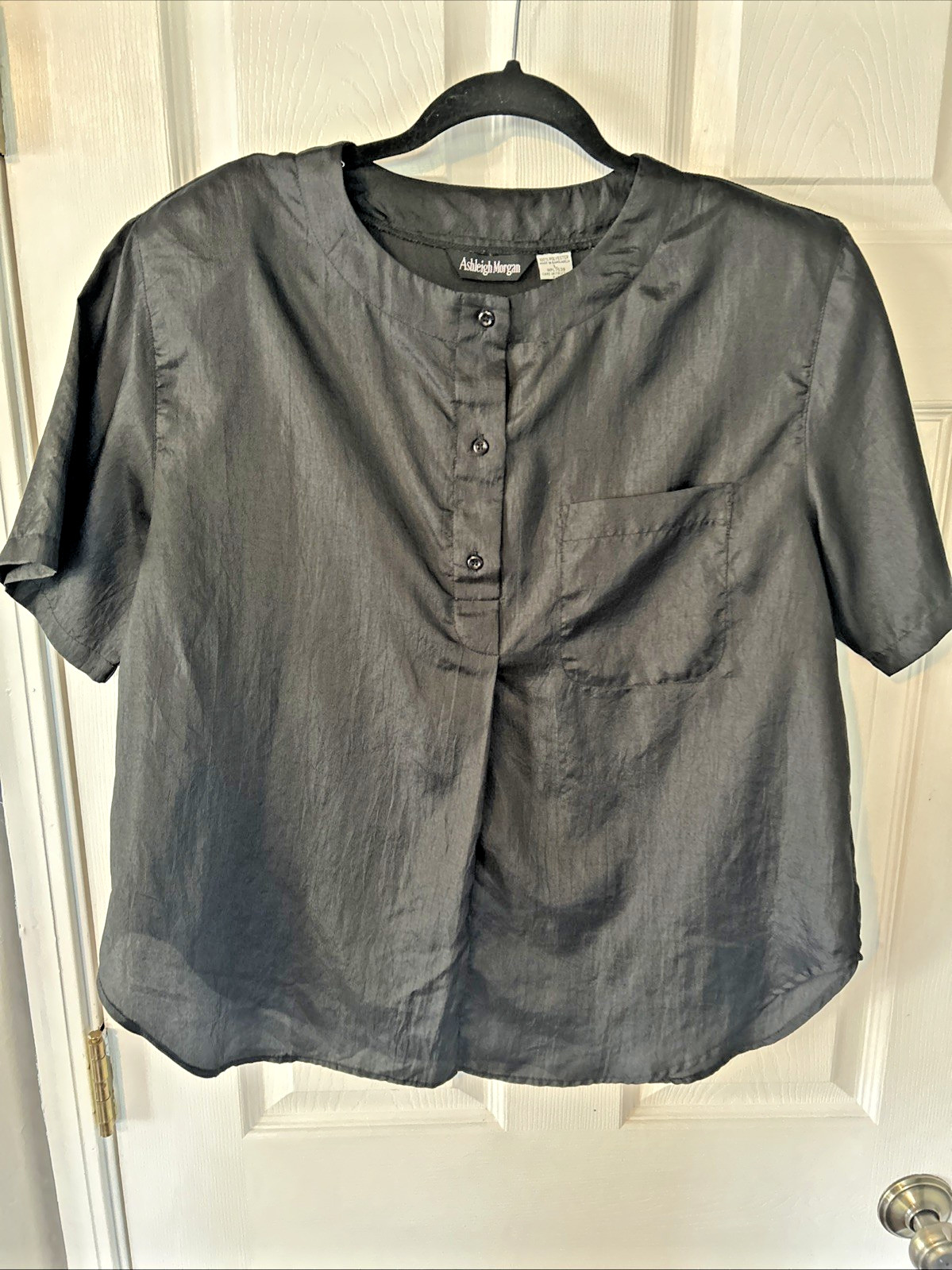 Vintage 80s Ashleigh Morgan Black Silky Polyester Pullover Blouse Size L