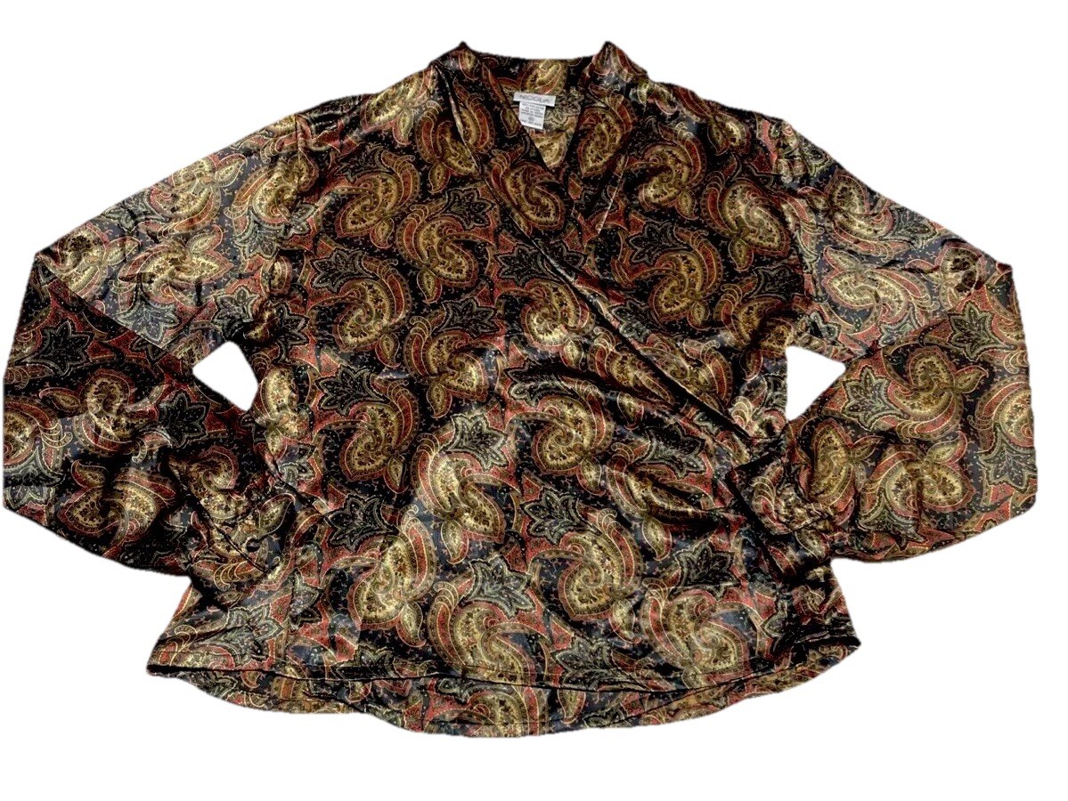 Nicola Vintage Top Size 16 Long Sleeve Multi Color Blouse Front Wrap Button