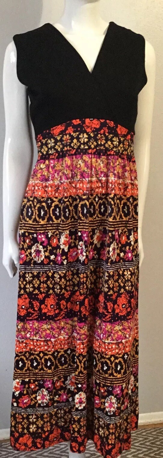 Vintage 60’s Retro Print Sleeveless Hippie Boho Midi Festival Maxi Dress
