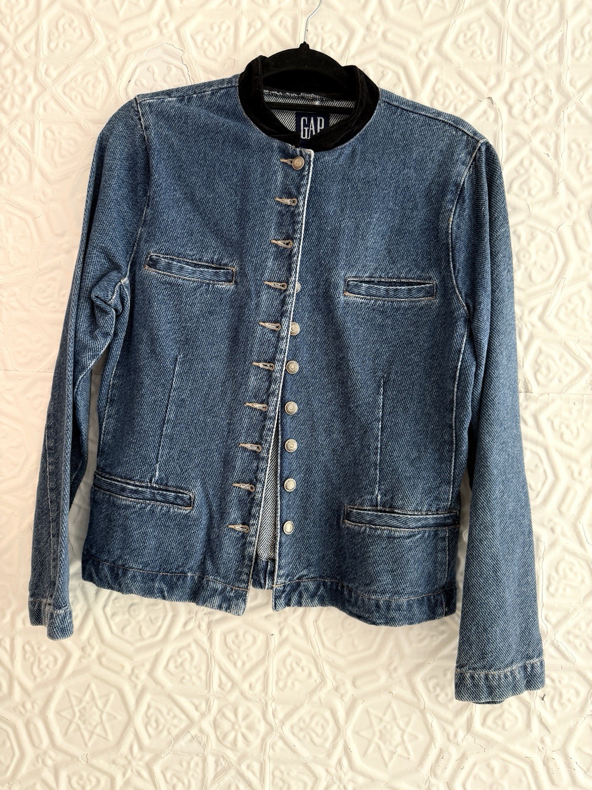 NWT Vintage 1980s/1990s Gap denim military Inspired Jacket-Band Collar-Blue Jean