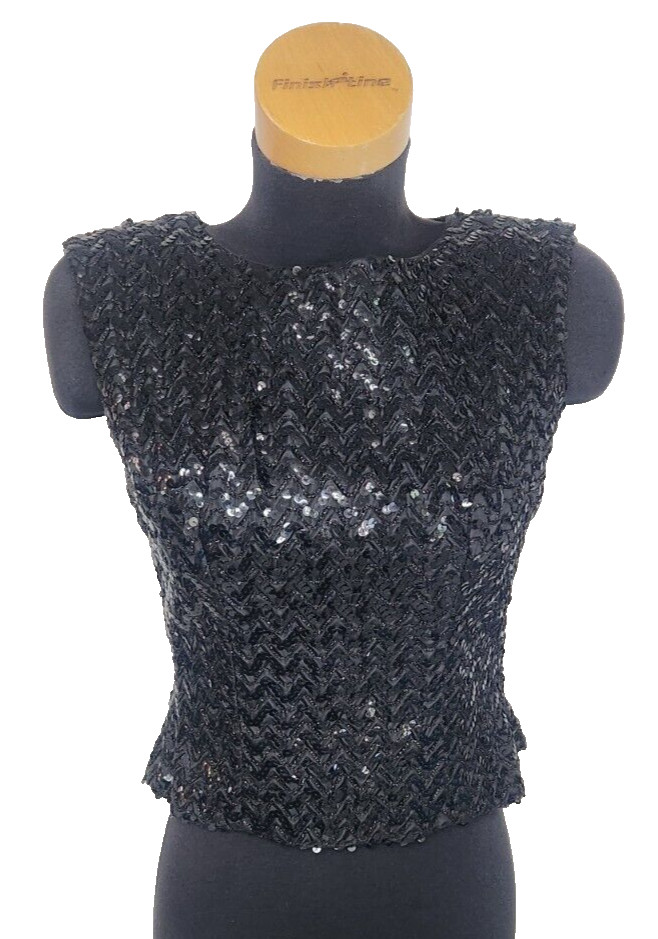 VTG Black Sequined Chevron Pattern Tank Top SZ 10 Stephen O’Grady Shell Top Fit