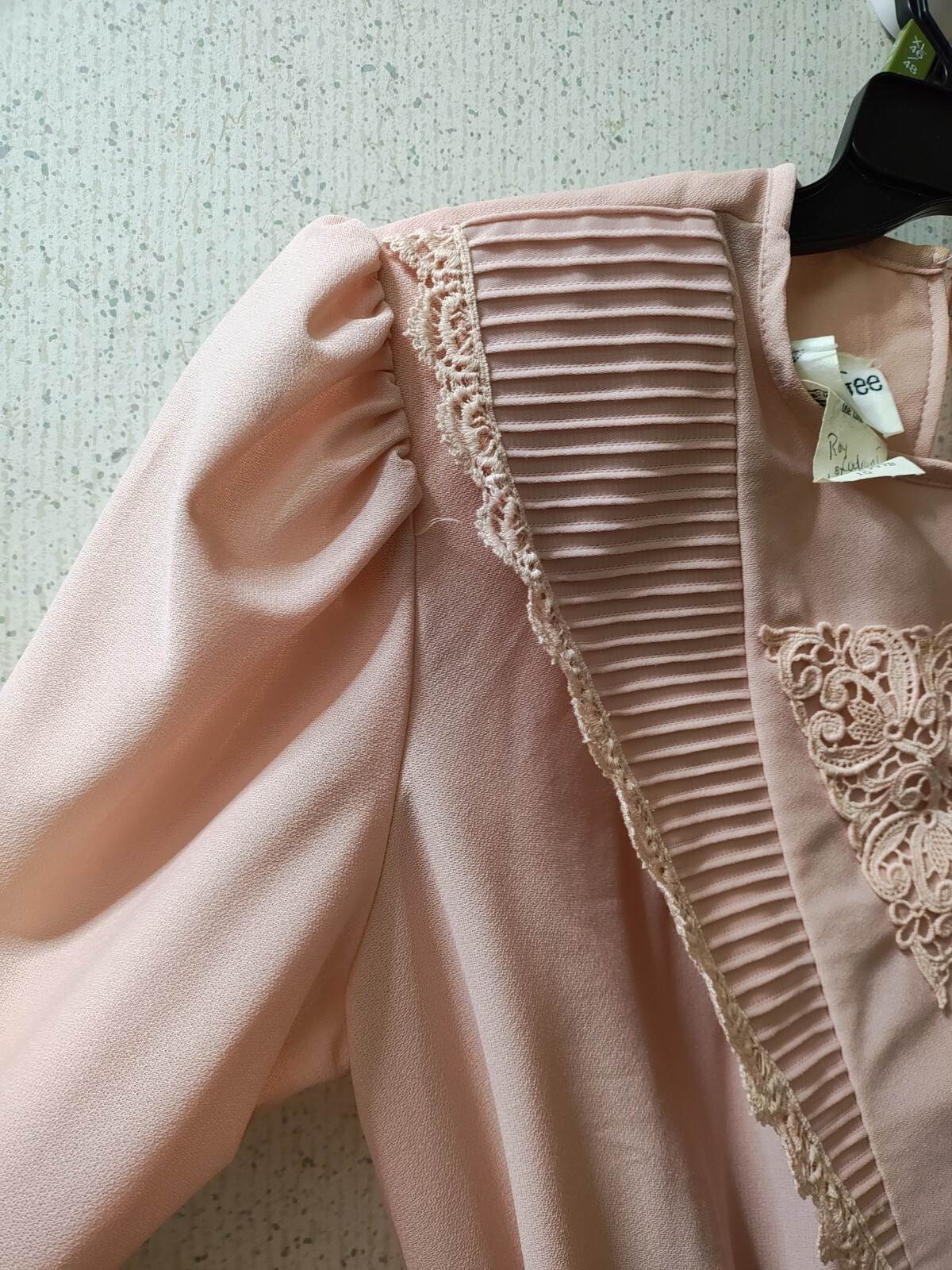Vintage Jennifer Gee Chiffon Dress Pink Lace Puff Long Sleeve Size 10 Clean USA