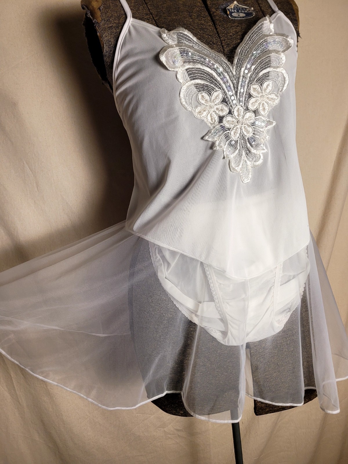 Vintage 90s Y2K Deadstock Lingerie Set Babydoll Mini White Volup XL/1X Sequin