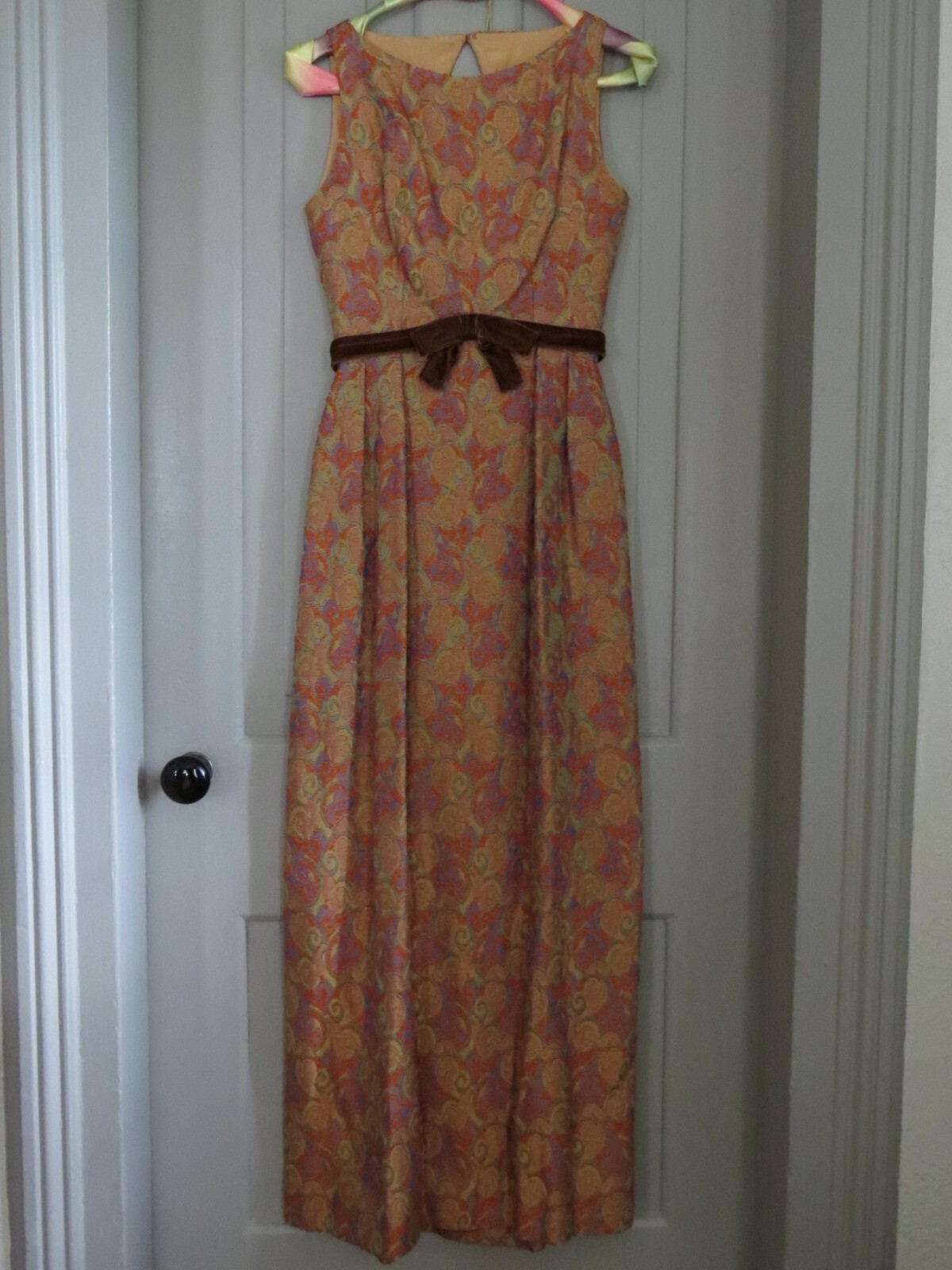 Vtg. 1950’s Harry Keiser Brocade Sleeveless Empire Waist Maxi Gown Orange/Purple