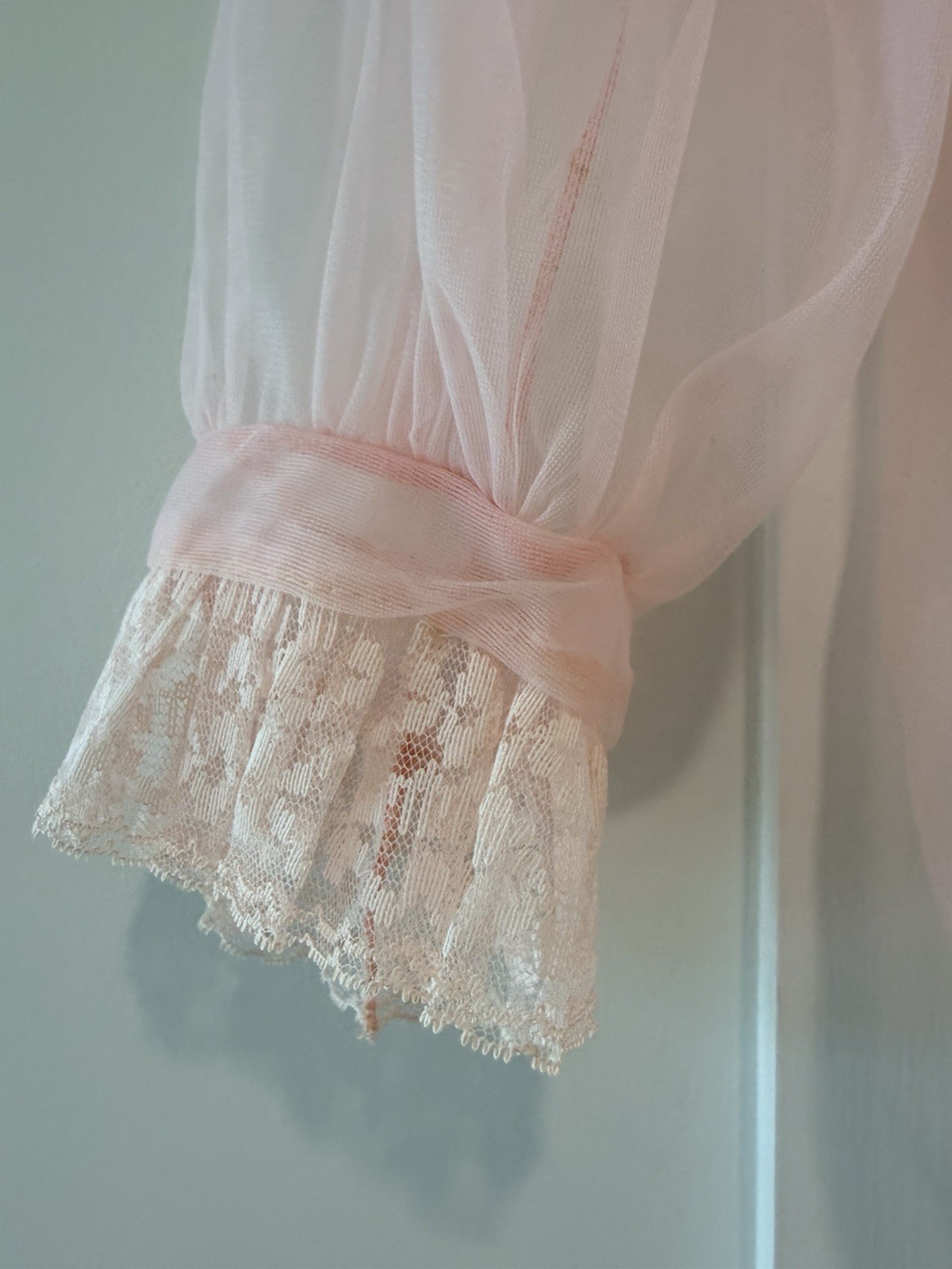 Vintage 50s Sheer Nylon Tricot Blouse Lace Bib Deadstock Bangor Mills Dupont