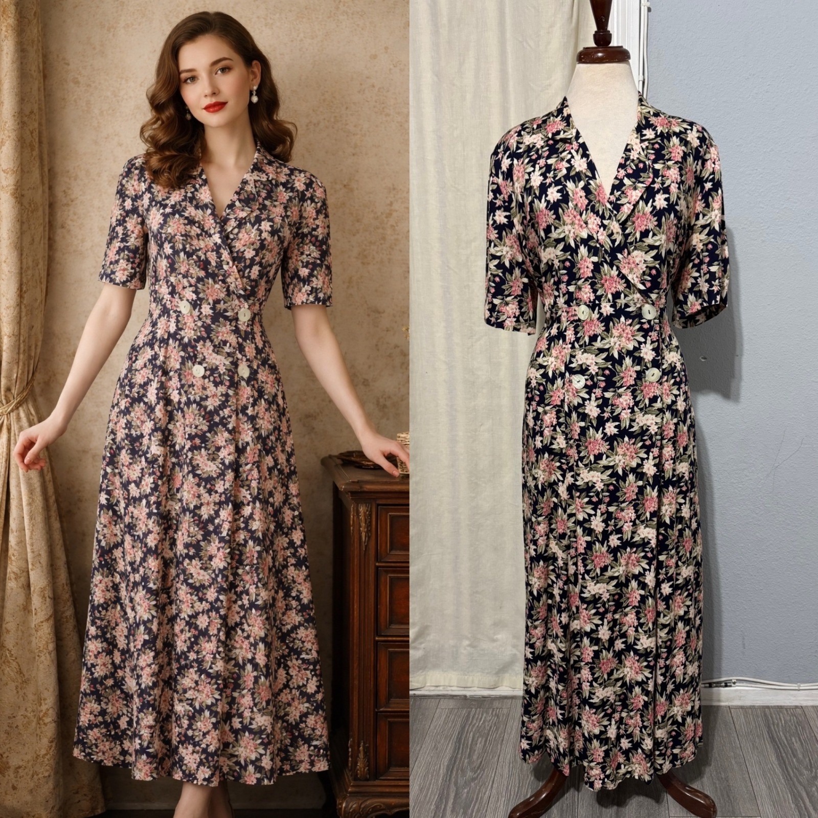 Betsy’s Things Vintage 90s Floral Maxi Dress XL Navy Double Breasted Cottagecore