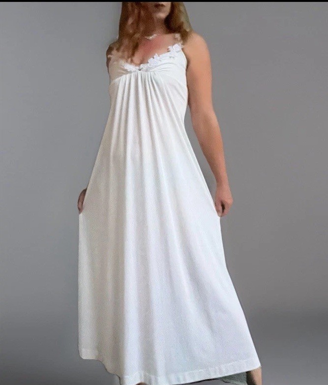 VTG 70s Saks Fifth Avenue Empire Waist White Lace Trim Long Gown Formal Dress S