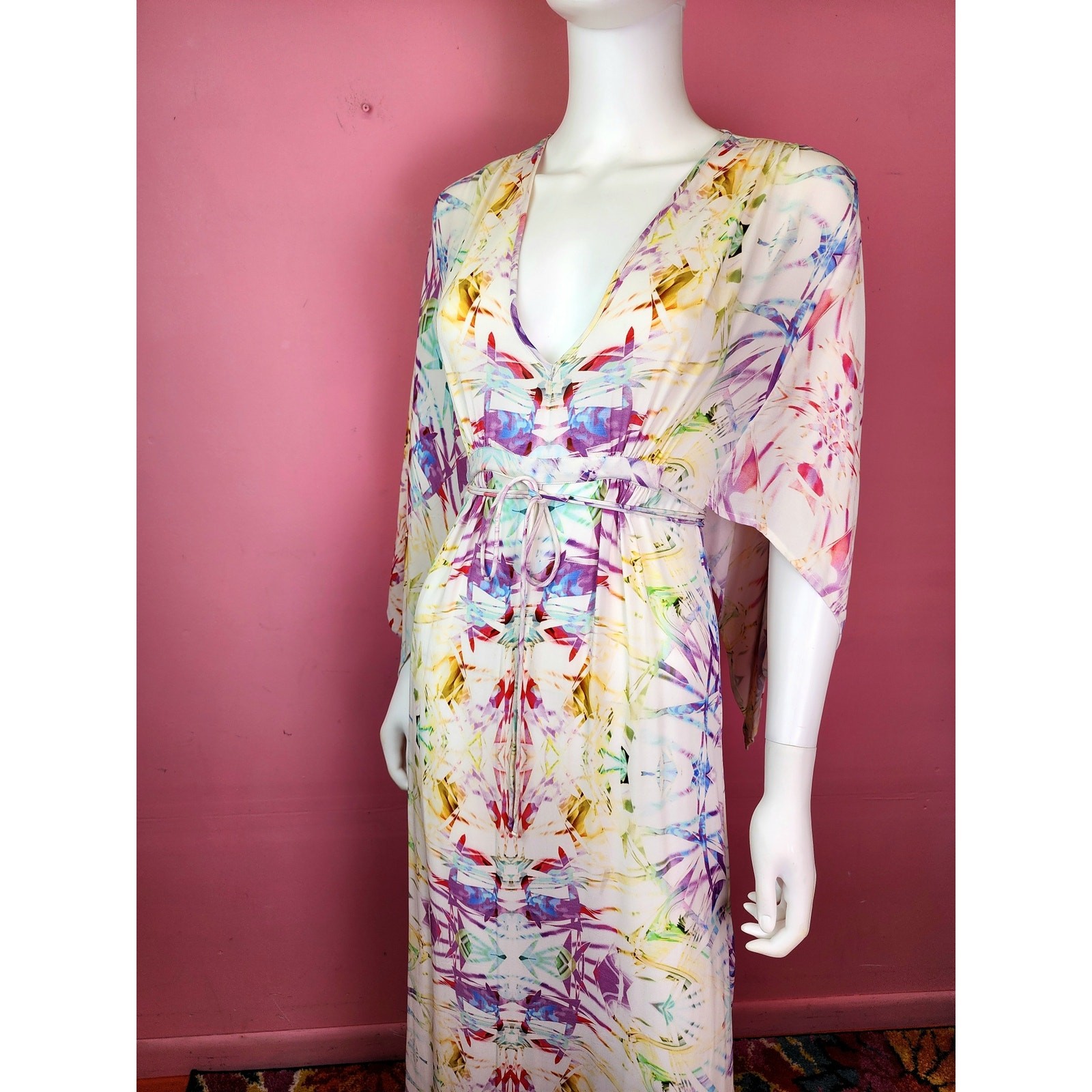 Y2K Tie Dye Silk Caftan White and Pastel Angel Sleeve Maxi Dress