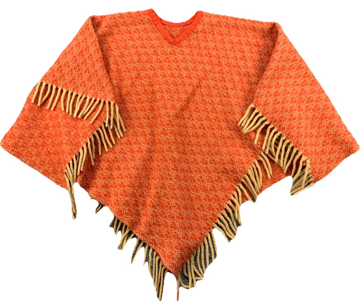 Vintage 60s 70’s Homemade Wool Cape/Poncho Orange W/ Gold Tassels Boho Hippie