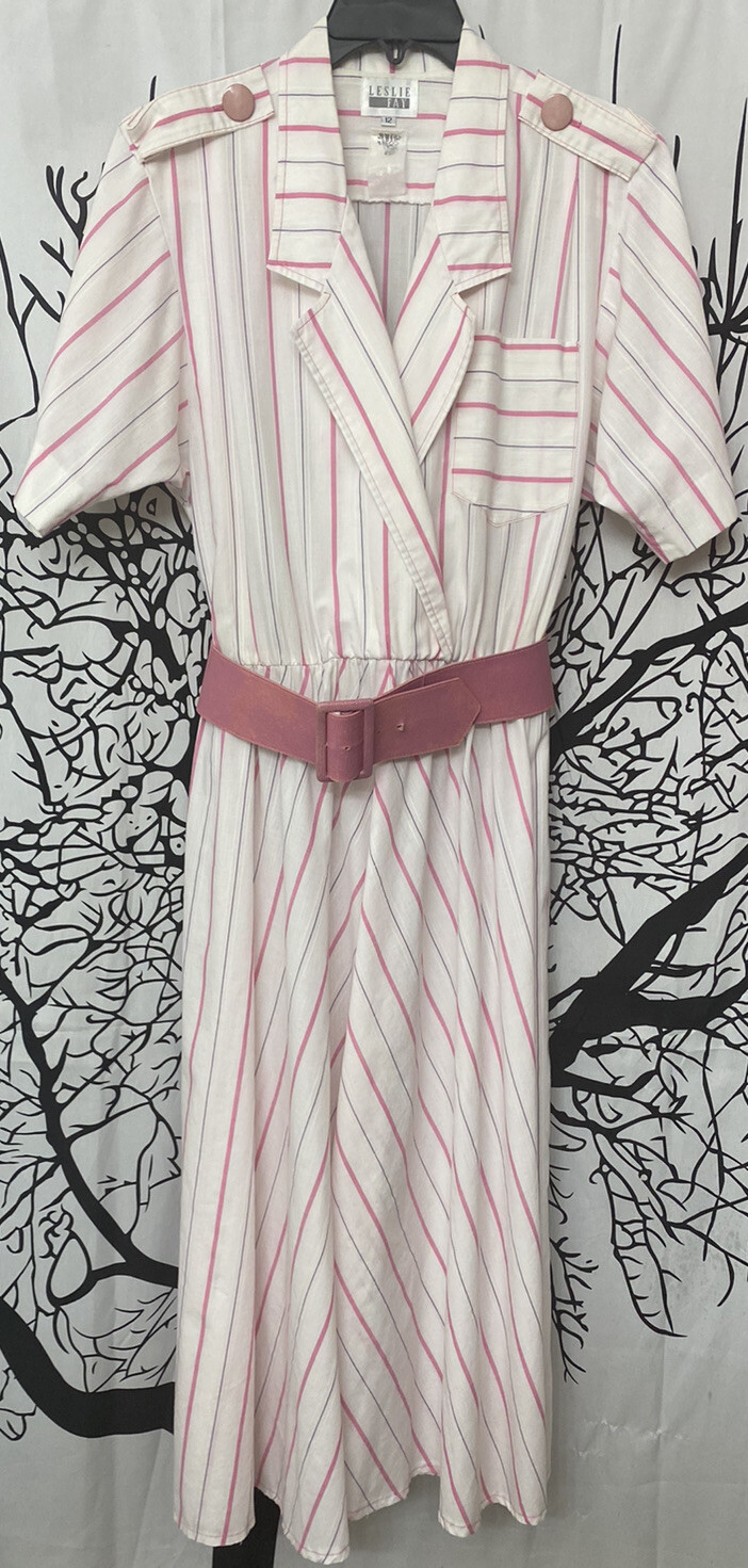 VTG Union Made Leslie Fay Secretary Dress Easter Prop Pink White Stripe Belt 12