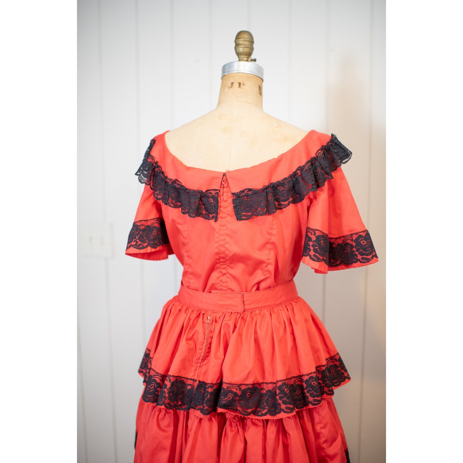 Vintage 50s 60s Square Dance Set, Red Black Lace Ruffle Skirt & Blouse, Fiesta S